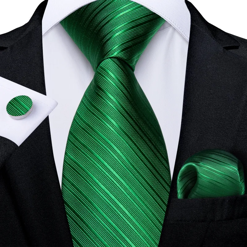 Emerald Green Striped Silk Men's Necktie Hanky Cufflinks Set sold by Ties2You