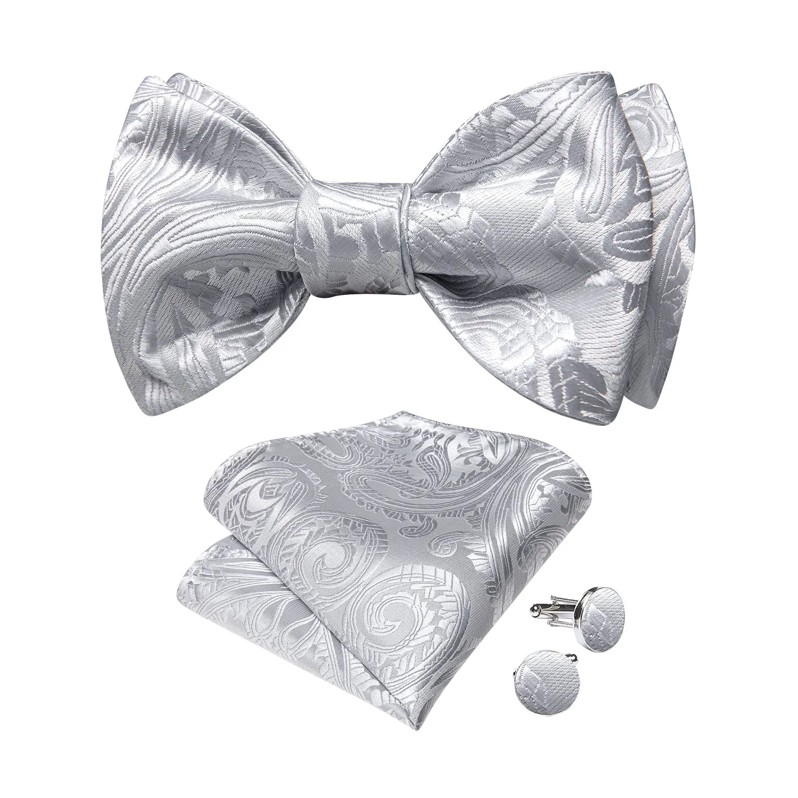 Silver Grey Paisley Self-tied Bow Tie Pocket Square Cufflinks Set sold by Ties2You product image thumbnail 2