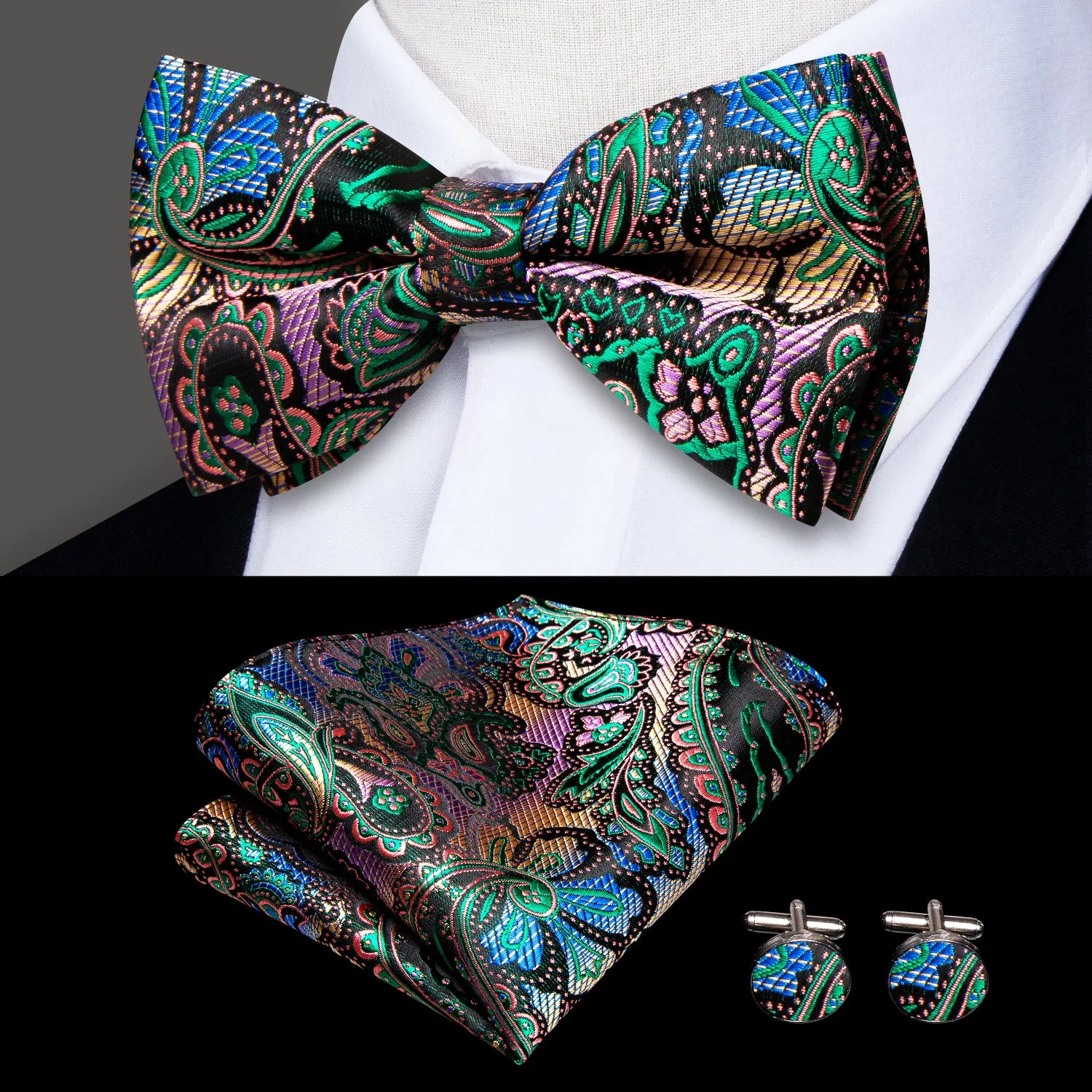 Green Pink Gradient Paisley Y Back Brace Clip-on Men's Suspender with Bow Tie Set sold by Ties2You product image thumbnail 5