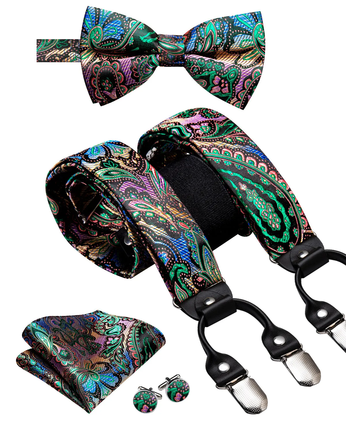 Green Pink Gradient Paisley Y Back Brace Clip-on Men's Suspender with Bow Tie Set sold by Ties2You product image thumbnail 4
