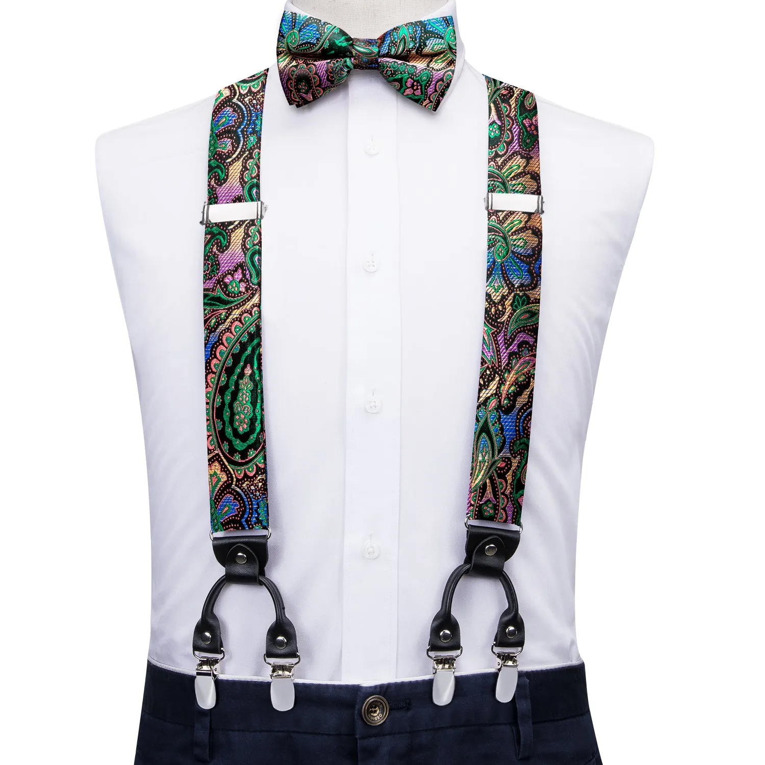 Green Pink Gradient Paisley Y Back Brace Clip-on Men's Suspender with Bow Tie Set sold by Ties2You