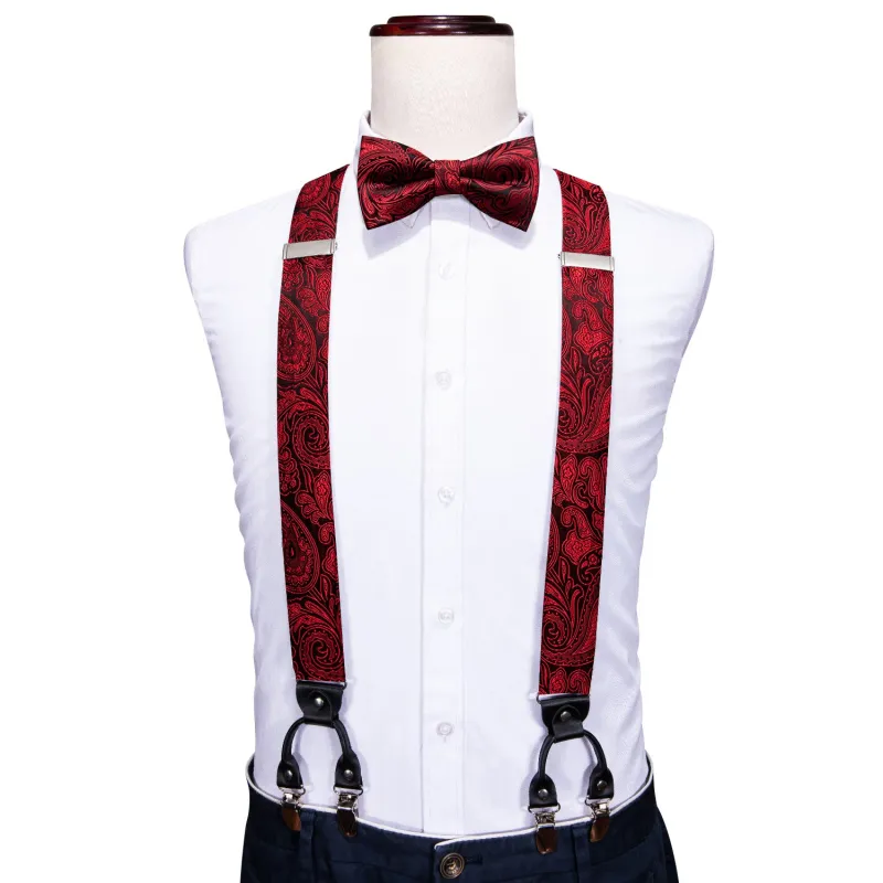 Black Red Paisley Brace Clip-on Men's Suspender with Bow Tie Set sold by Ties2You