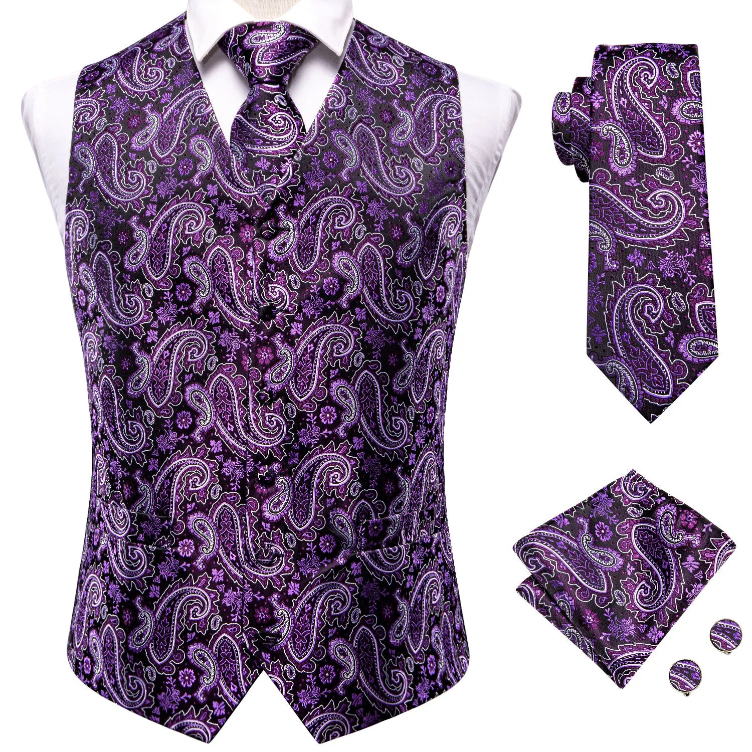 Dark Purple Paisley Jacquard Silk Men's Vest Hanky Cufflinks Tie Set sold by Ties2You product image thumbnail 5