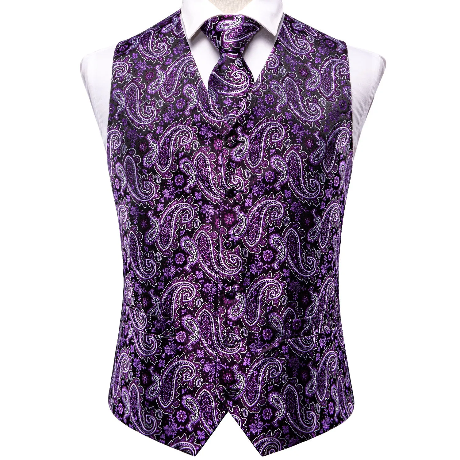 Dark Purple Paisley Jacquard Silk Men's Vest Hanky Cufflinks Tie Set sold by Ties2You product image thumbnail 3
