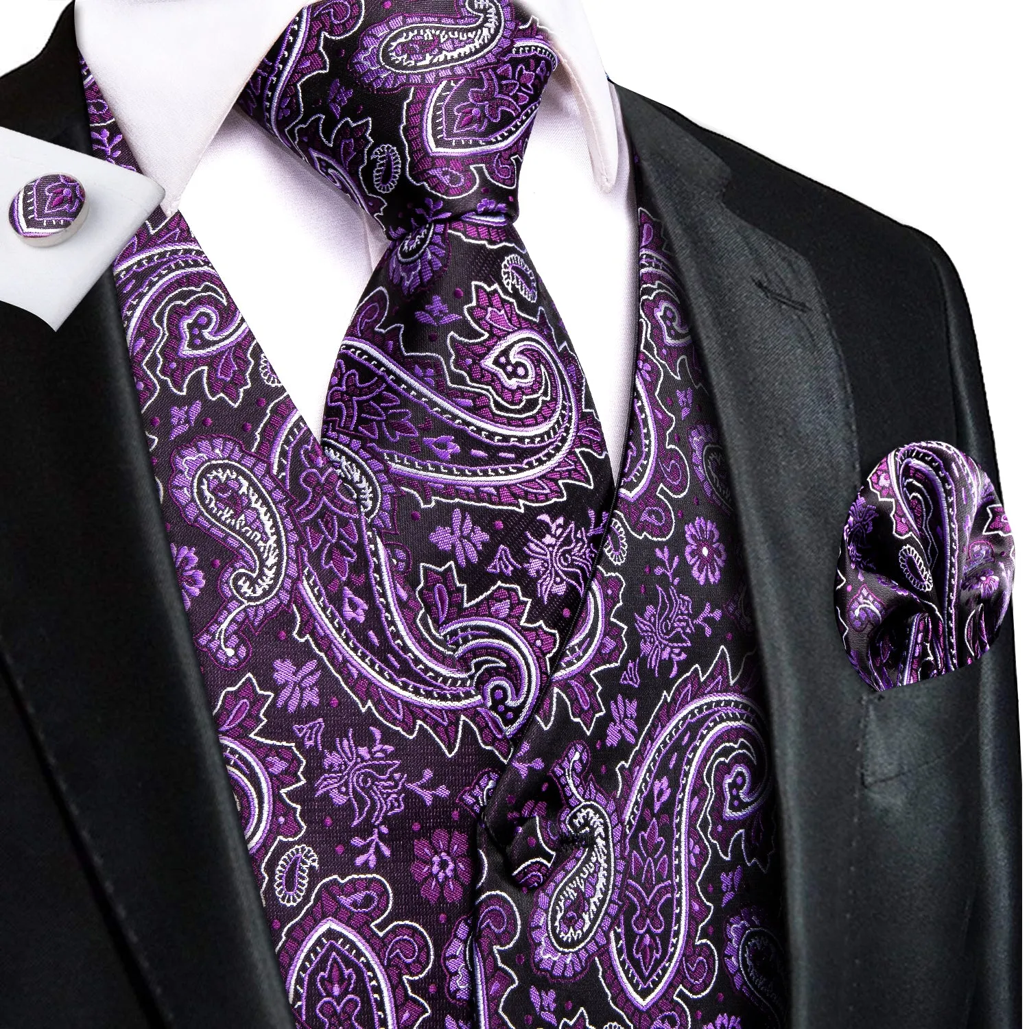 Dark Purple Paisley Jacquard Silk Men's Vest Hanky Cufflinks Tie Set sold by Ties2You
