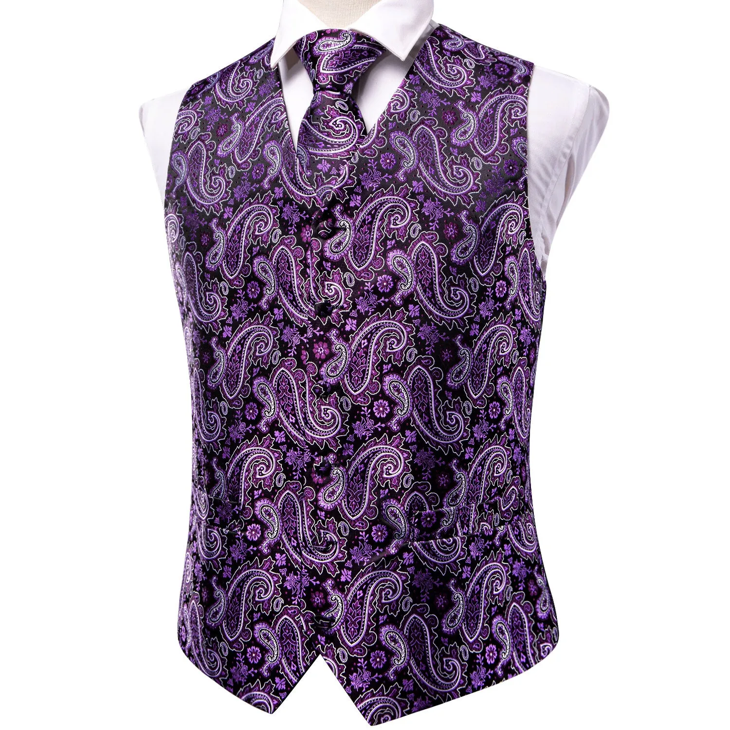 Dark Purple Paisley Jacquard Silk Men's Vest Hanky Cufflinks Tie Set sold by Ties2You product image thumbnail 4