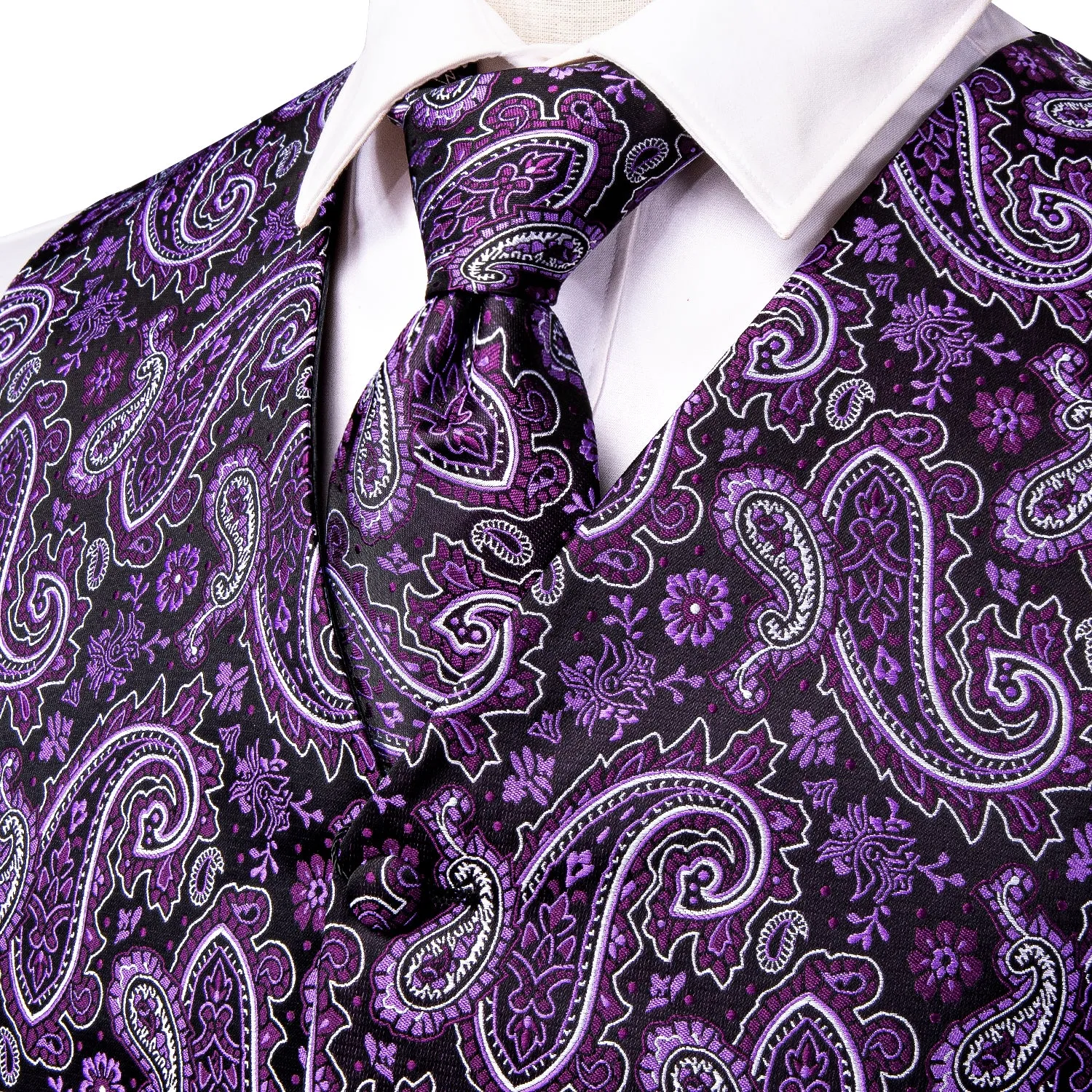 Dark Purple Paisley Jacquard Silk Men's Vest Hanky Cufflinks Tie Set sold by Ties2You product image thumbnail 2