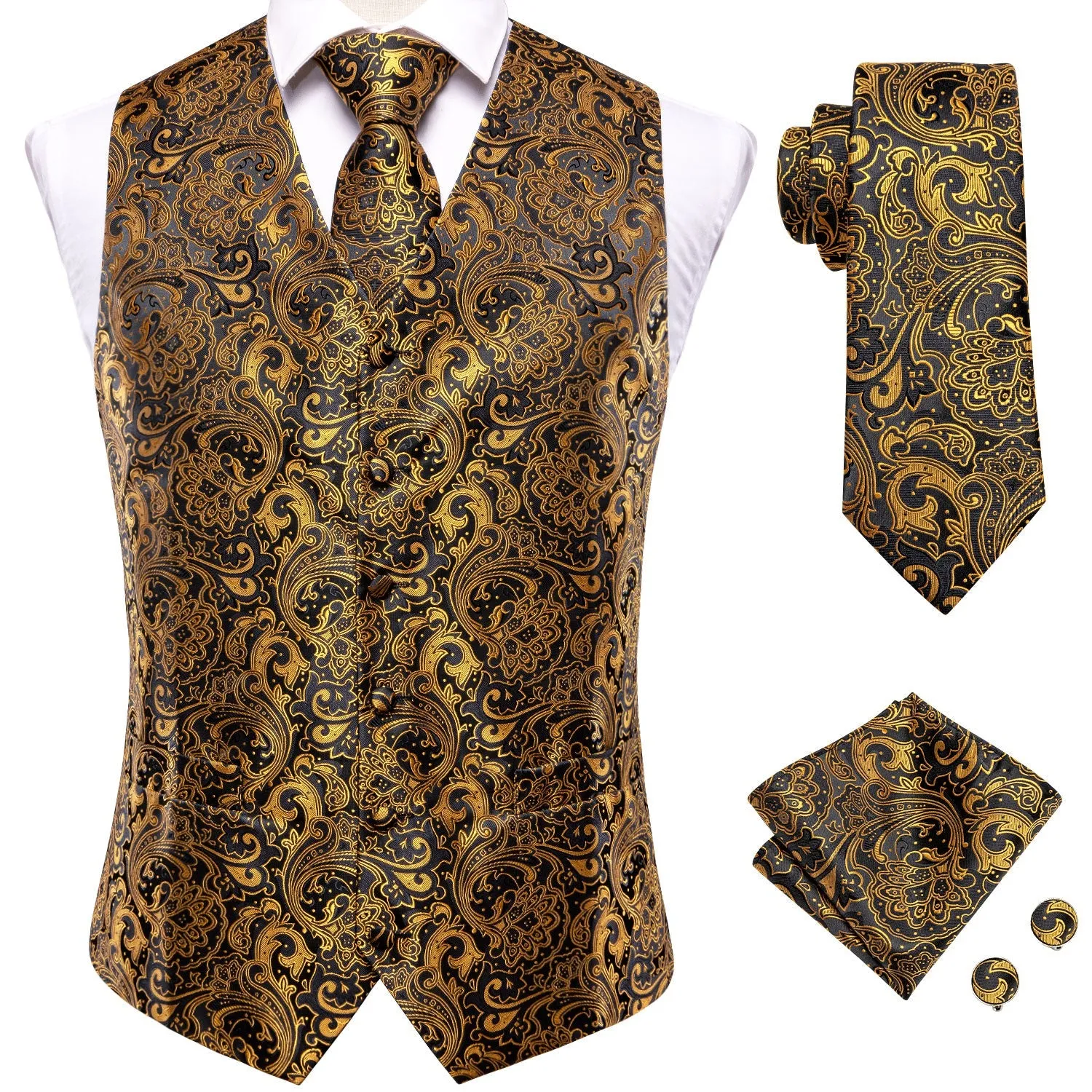 Black Golden Paisley Jacquard Silk Men's Vest Hanky Cufflinks Tie Set sold by Ties2You product image thumbnail 4