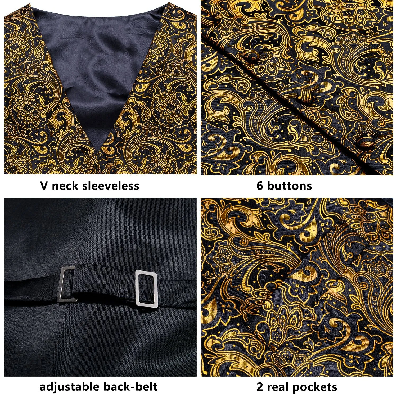 Black Golden Paisley Jacquard Silk Men's Vest Hanky Cufflinks Tie Set sold by Ties2You product image thumbnail 5