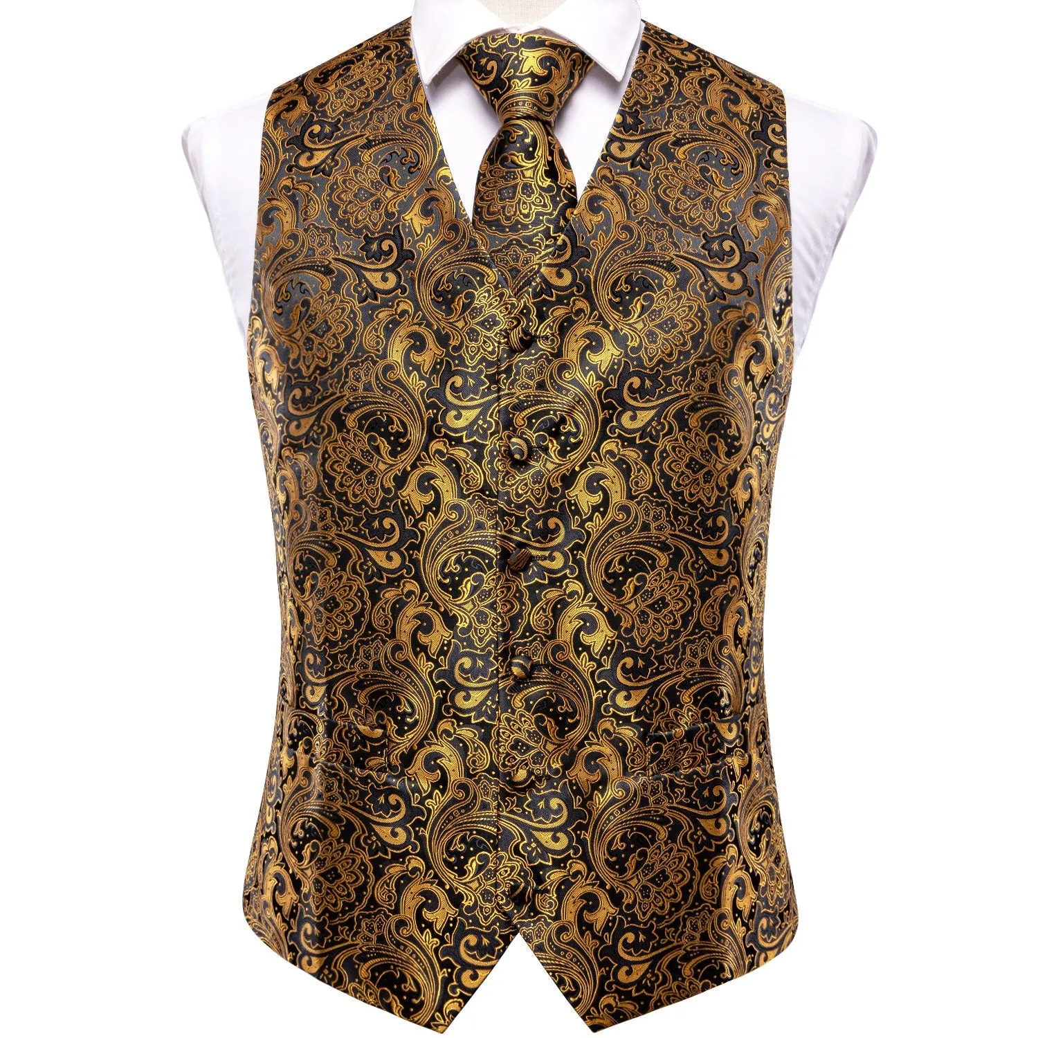 Black Golden Paisley Jacquard Silk Men's Vest Hanky Cufflinks Tie Set sold by Ties2You product image thumbnail 3