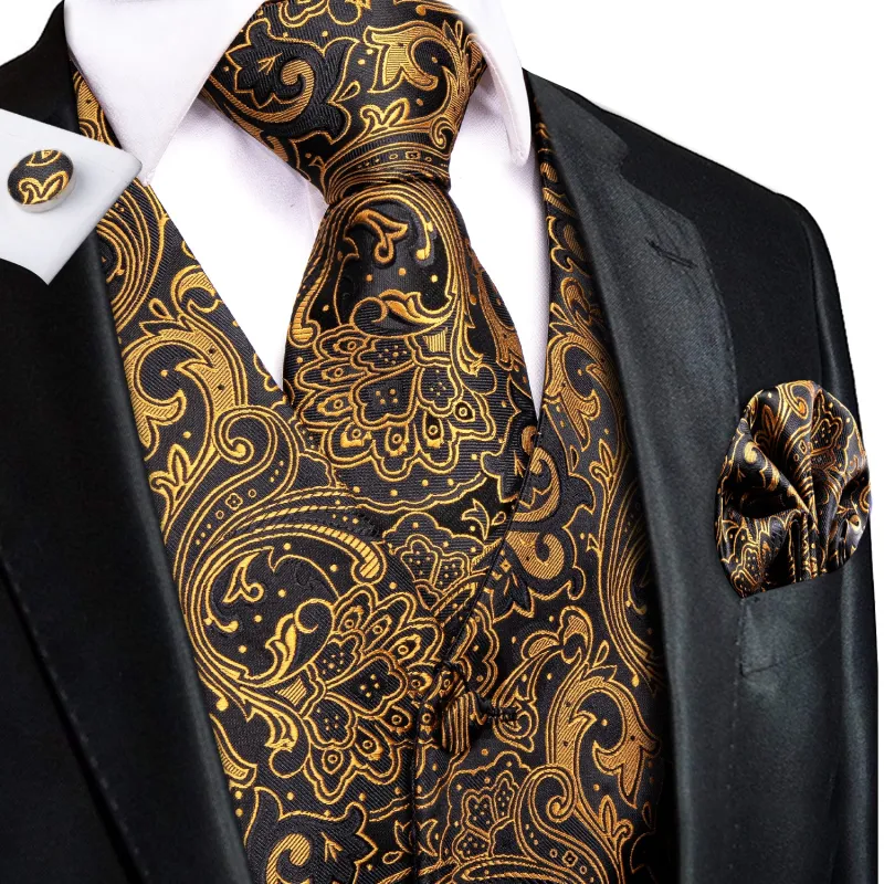 Black Golden Paisley Jacquard Silk Men's Vest Hanky Cufflinks Tie Set sold by Ties2You