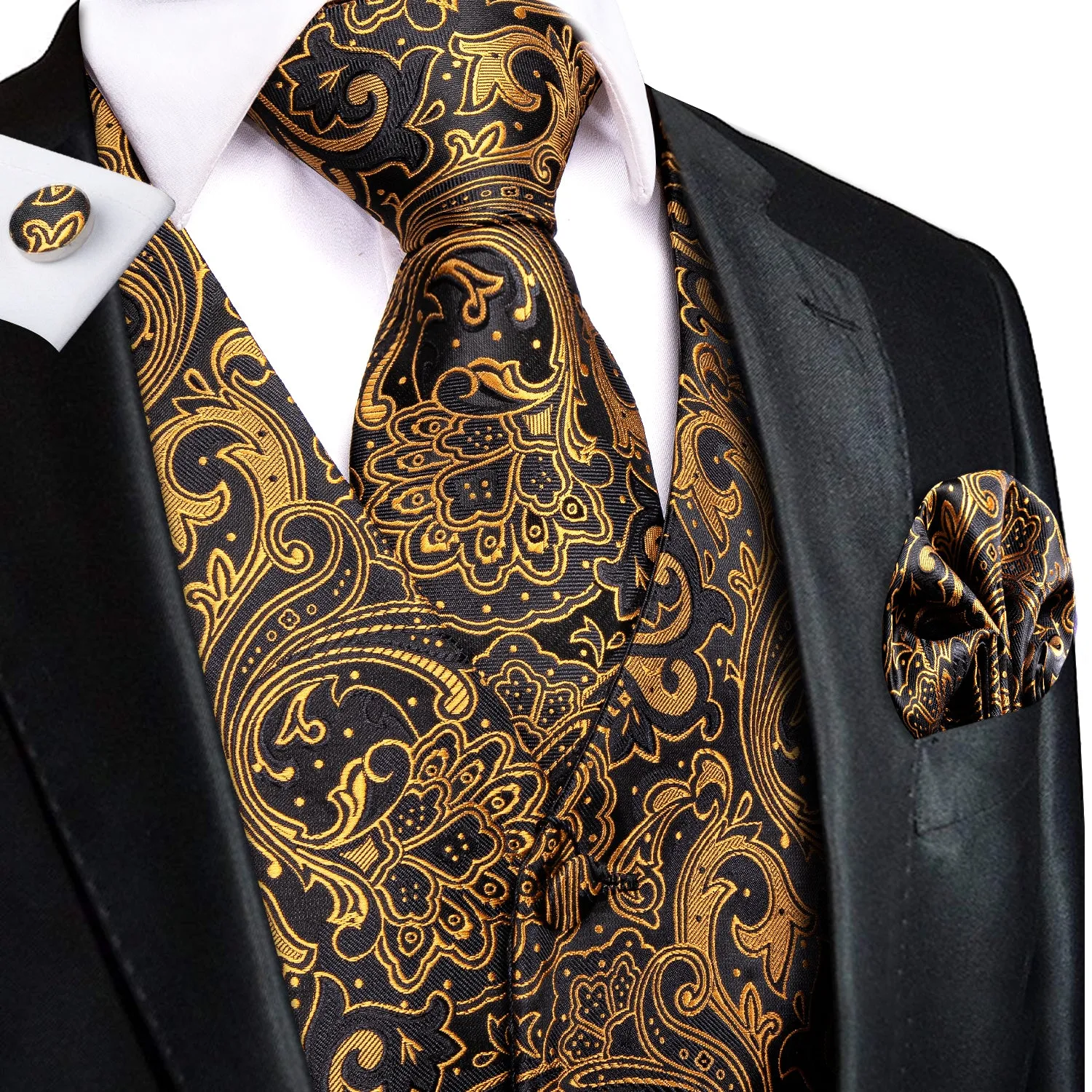 Black Golden Paisley Jacquard Silk Men's Vest Hanky Cufflinks Tie Set sold by Ties2You