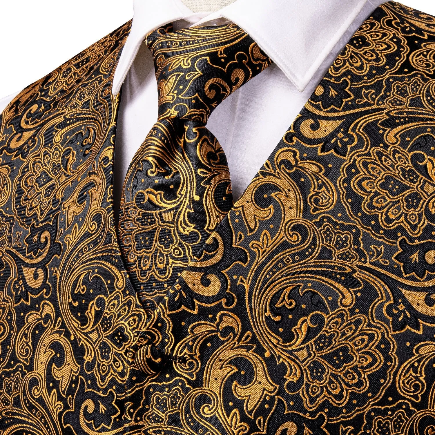 Black Golden Paisley Jacquard Silk Men's Vest Hanky Cufflinks Tie Set sold by Ties2You product image thumbnail 2