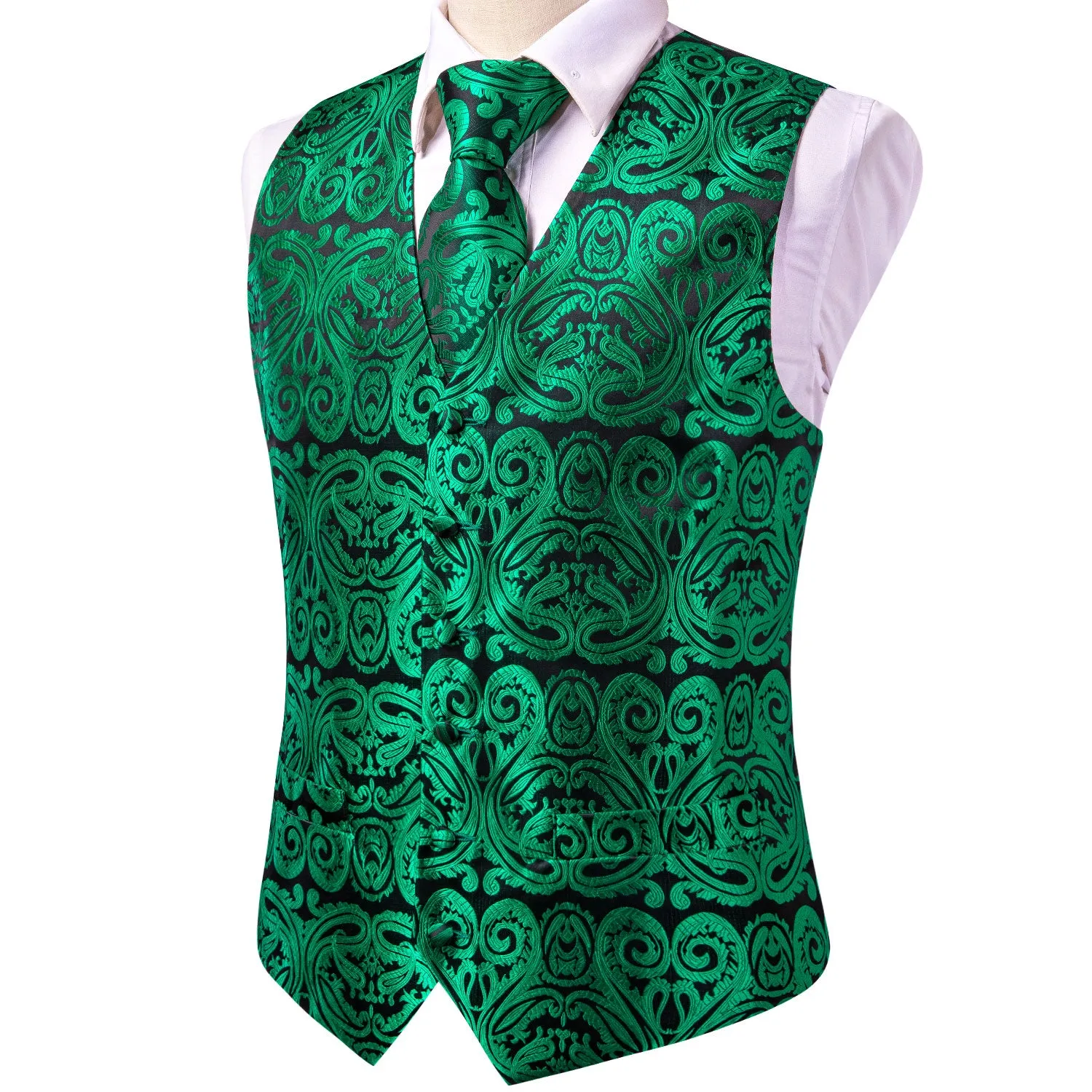 Dark Green Paisley Jacquard Silk Men's Vest Hanky Cufflinks Tie Set sold by Ties2You product image thumbnail 3