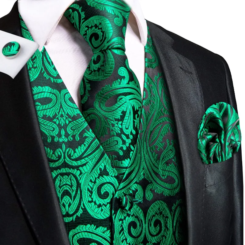 Dark Green Paisley Jacquard Silk Men's Vest Hanky Cufflinks Tie Set sold by Ties2You