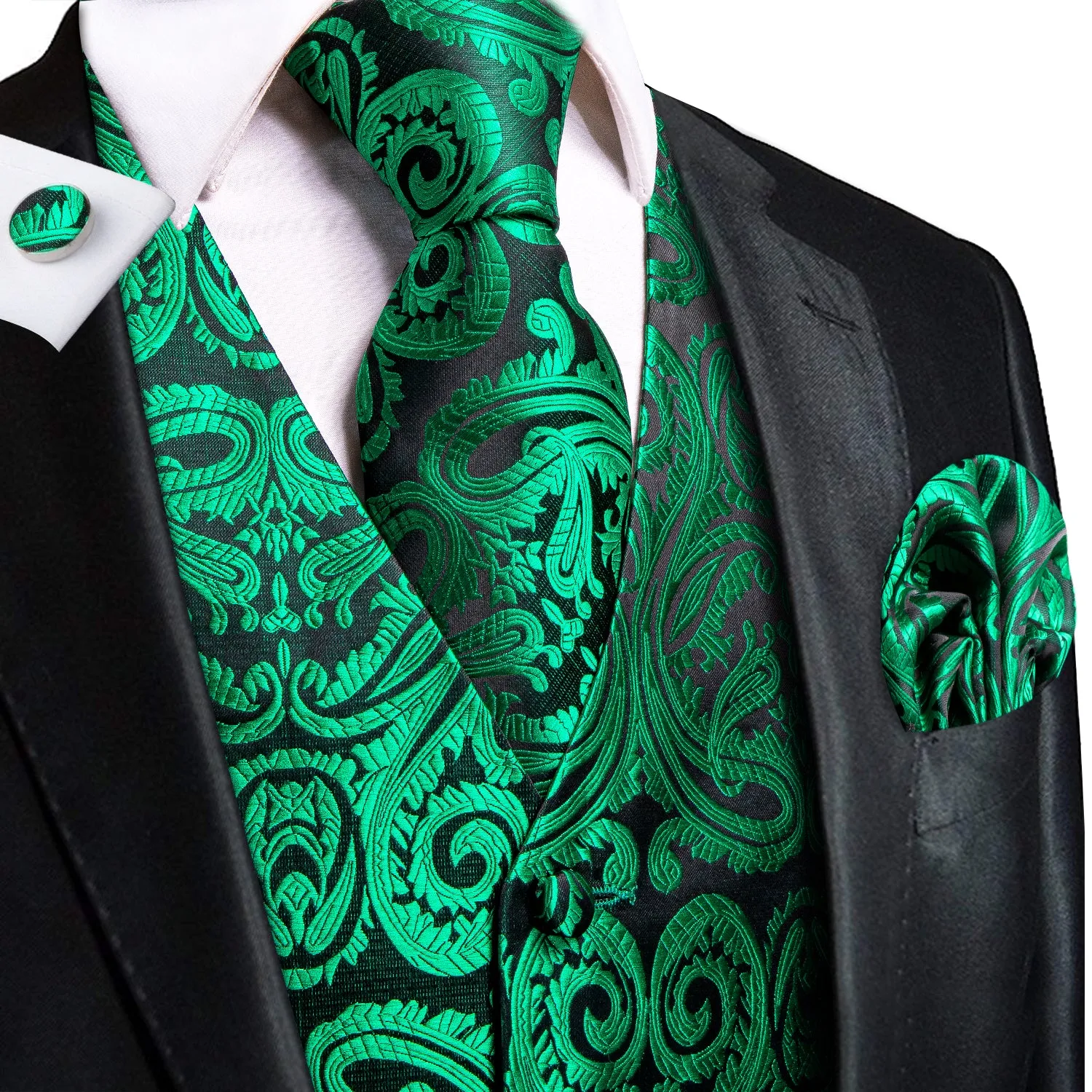 Dark Green Paisley Jacquard Silk Men's Vest Hanky Cufflinks Tie Set sold by Ties2You