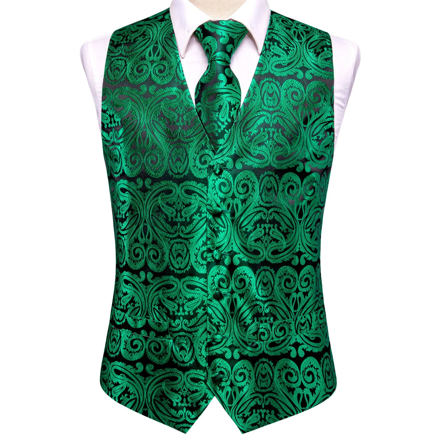 Dark Green Paisley Jacquard Silk Men's Vest Hanky Cufflinks Tie Set sold by Ties2You product image thumbnail 4