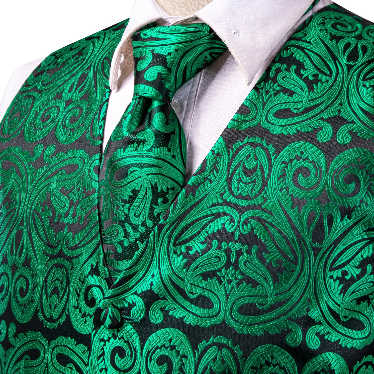 Dark Green Paisley Jacquard Silk Men's Vest Hanky Cufflinks Tie Set sold by Ties2You product image thumbnail 2