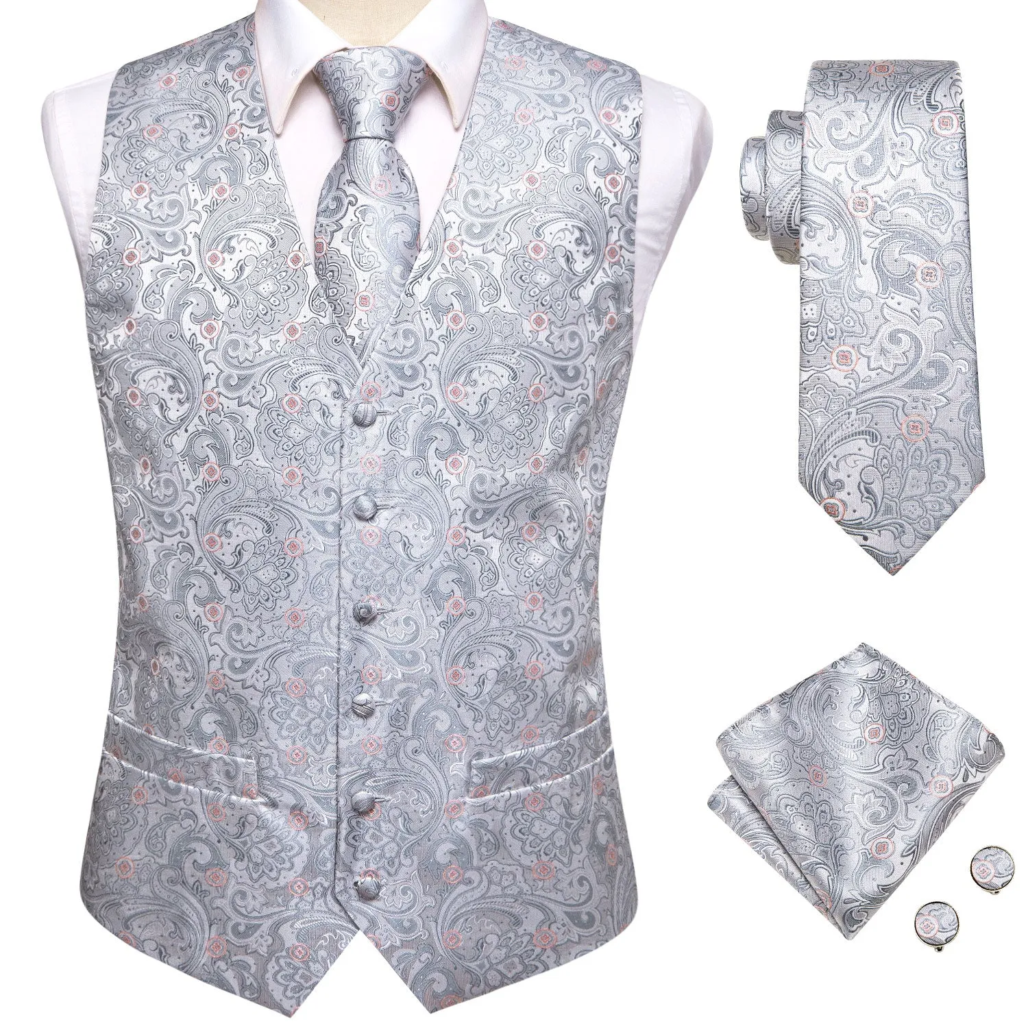 Silver Grey Paisley Floral Jacquard Silk Men's Vest Hanky Cufflinks Tie Set sold by Ties2You product image thumbnail 3