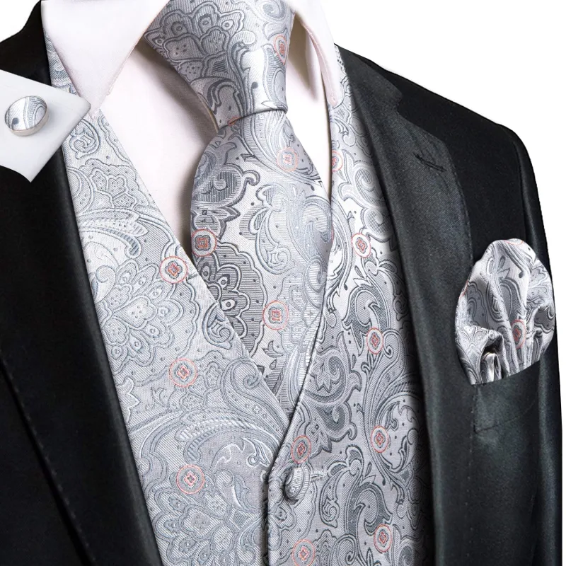 Silver Grey Paisley Floral Jacquard Silk Men's Vest Hanky Cufflinks Tie Set sold by Ties2You