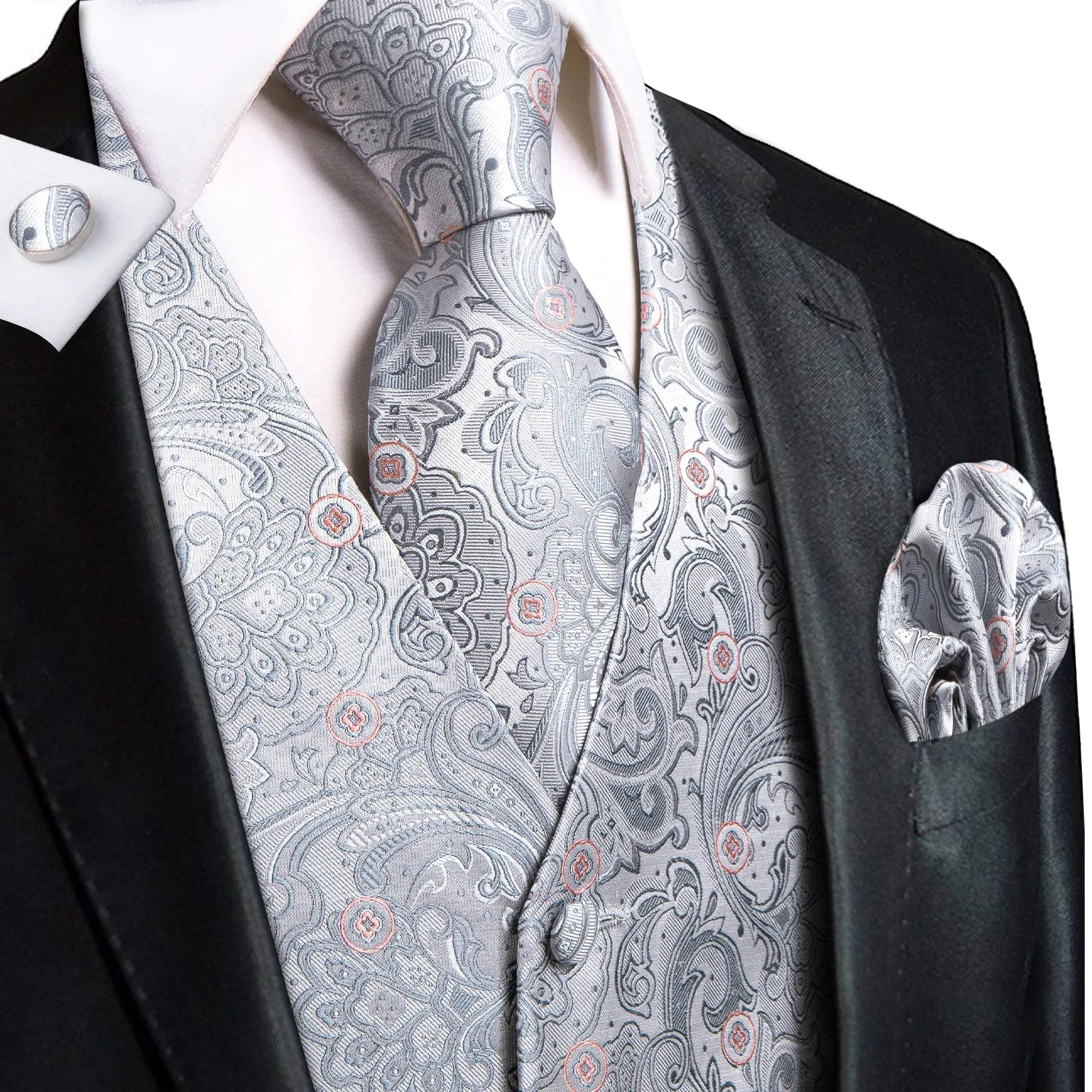 Silver Grey Paisley Floral Jacquard Silk Men's Vest Hanky Cufflinks Tie Set sold by Ties2You