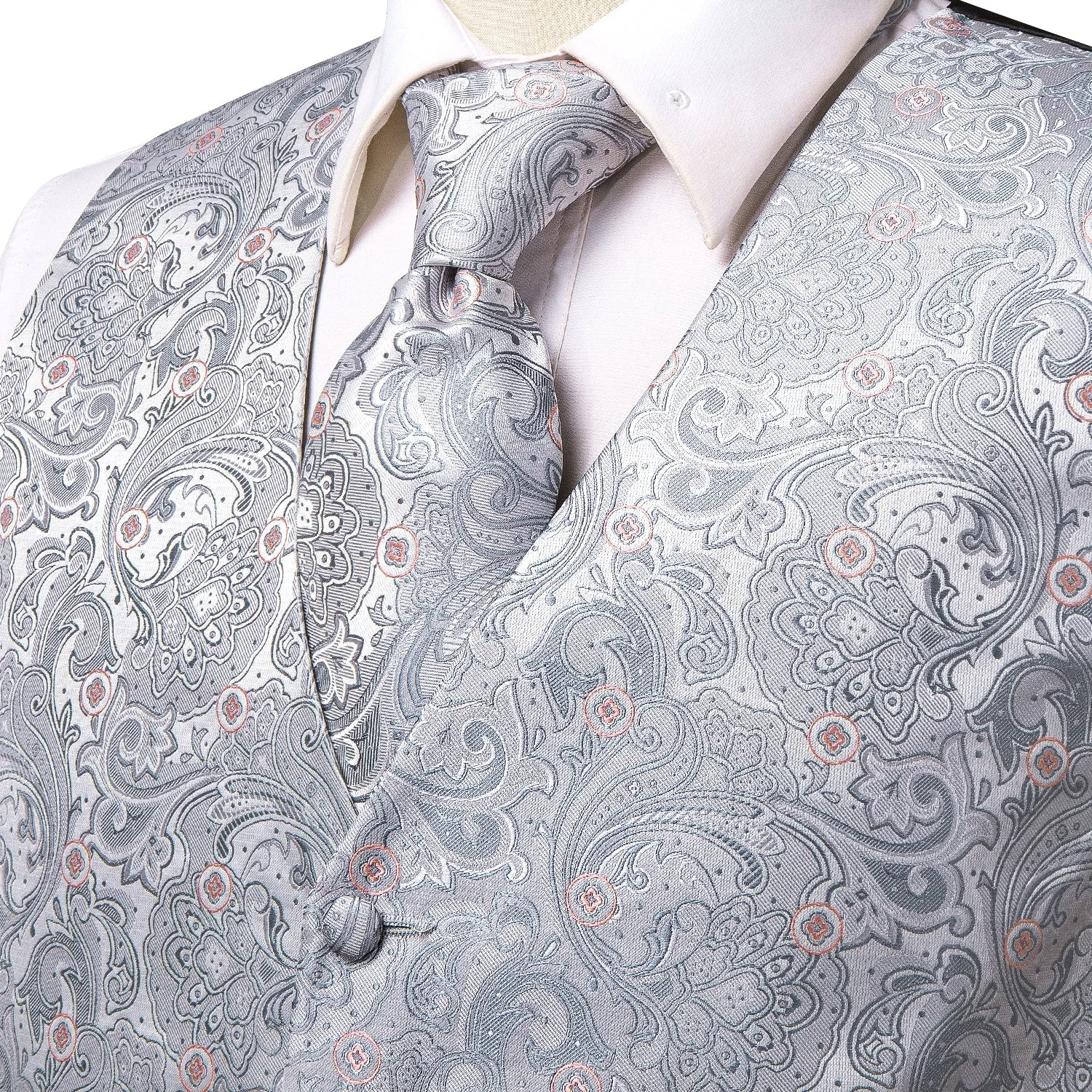 Silver Grey Paisley Floral Jacquard Silk Men's Vest Hanky Cufflinks Tie Set sold by Ties2You product image thumbnail 2