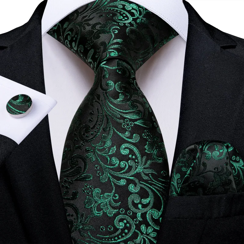 Black Green Floral Silk Fabric Tie Hanky Cufflinks Set sold by Ties2You