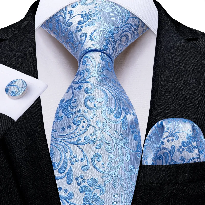 Silver Blue Floral Silk Fabric Tie Hanky Cufflinks Set sold by Ties2You