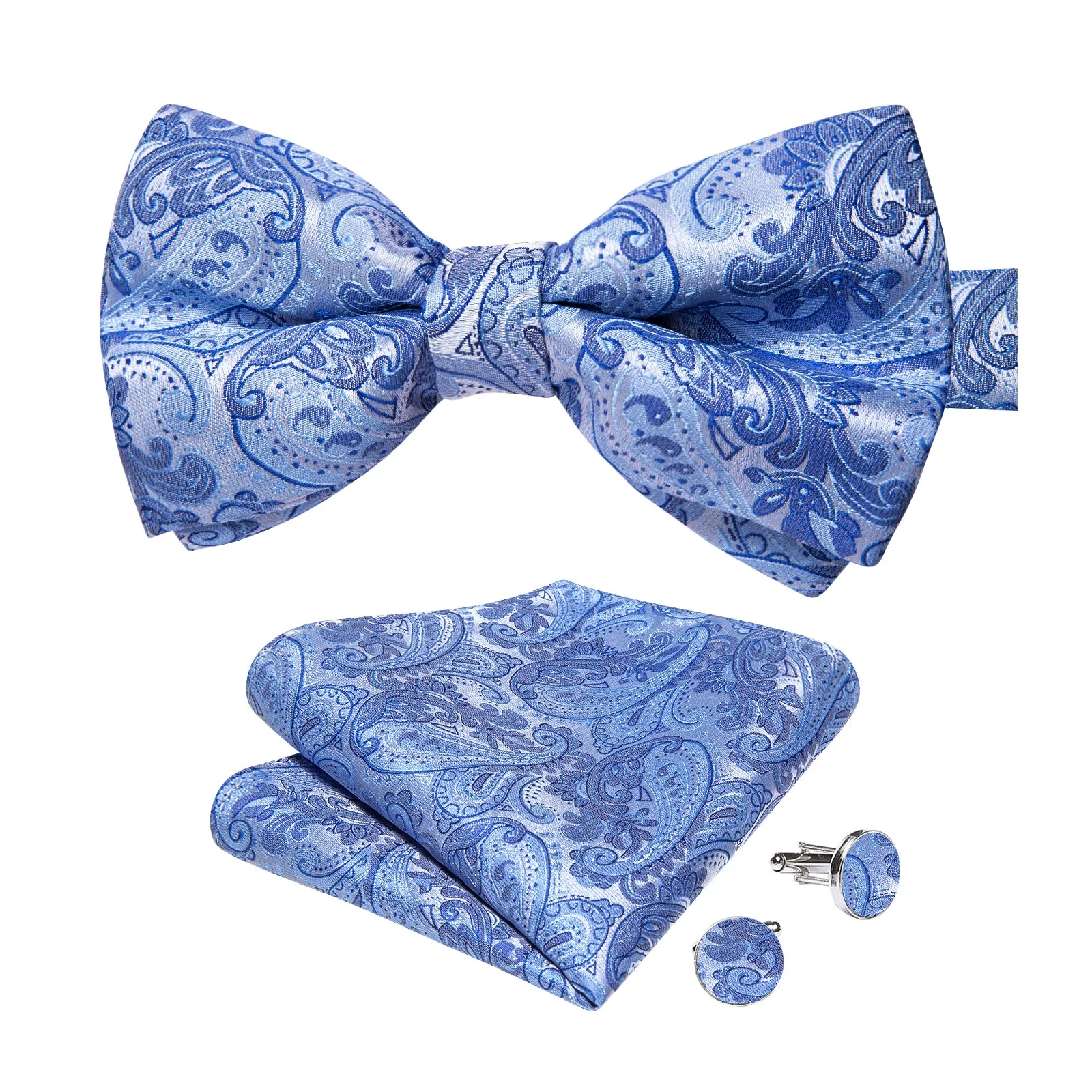 Silver Blue Paisley Men's Pre-tied Bowtie Pocket Square Cufflinks Set sold by Ties2You product image thumbnail 2