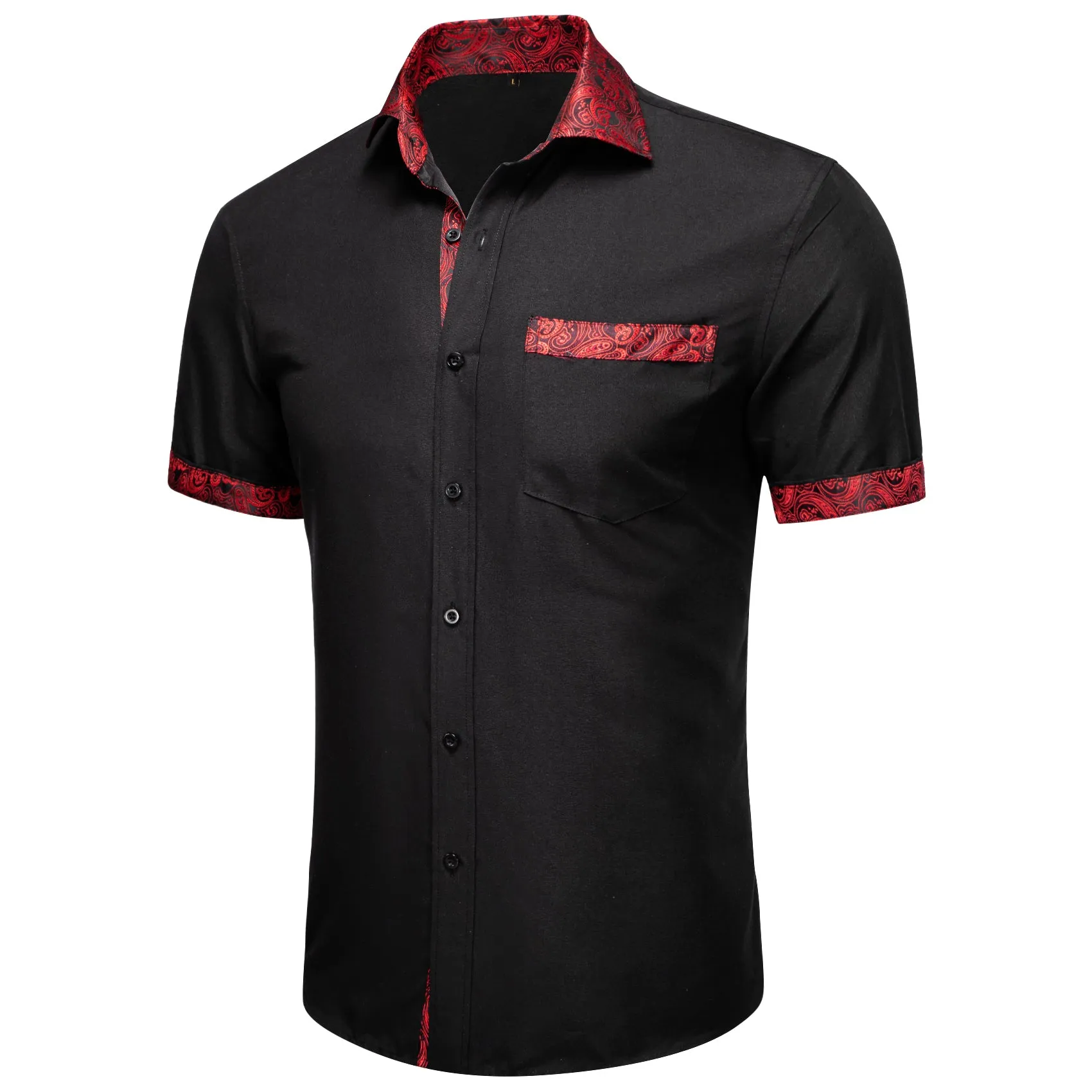 Splicing Style Black with Red Paisley Silk Men's Short Sleeve Shirt sold by Ties2You product image thumbnail 2