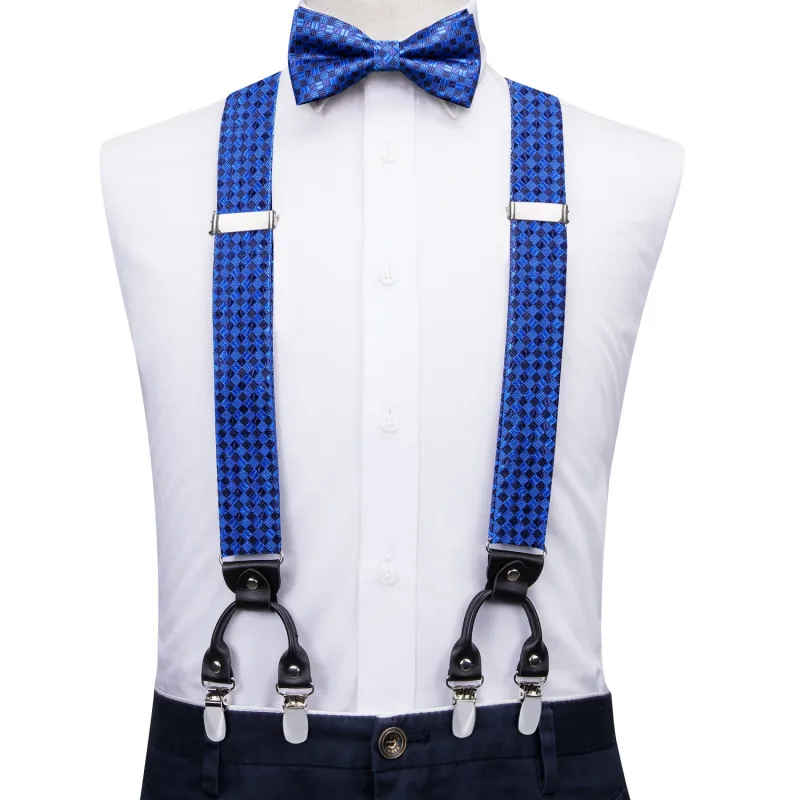 Royal Blue Plaid Y Back Brace Clip-on Men's Suspender with Bow Tie Set sold by Ties2You