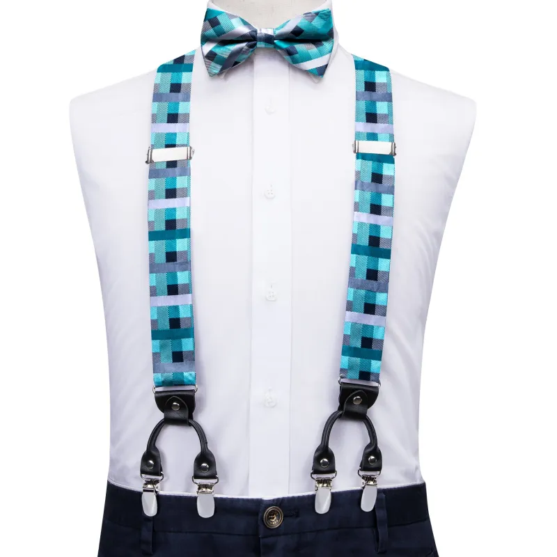 Blue Plaid Y Back Brace Clip-on Men's Suspender with Bow Tie Set sold by Ties2You