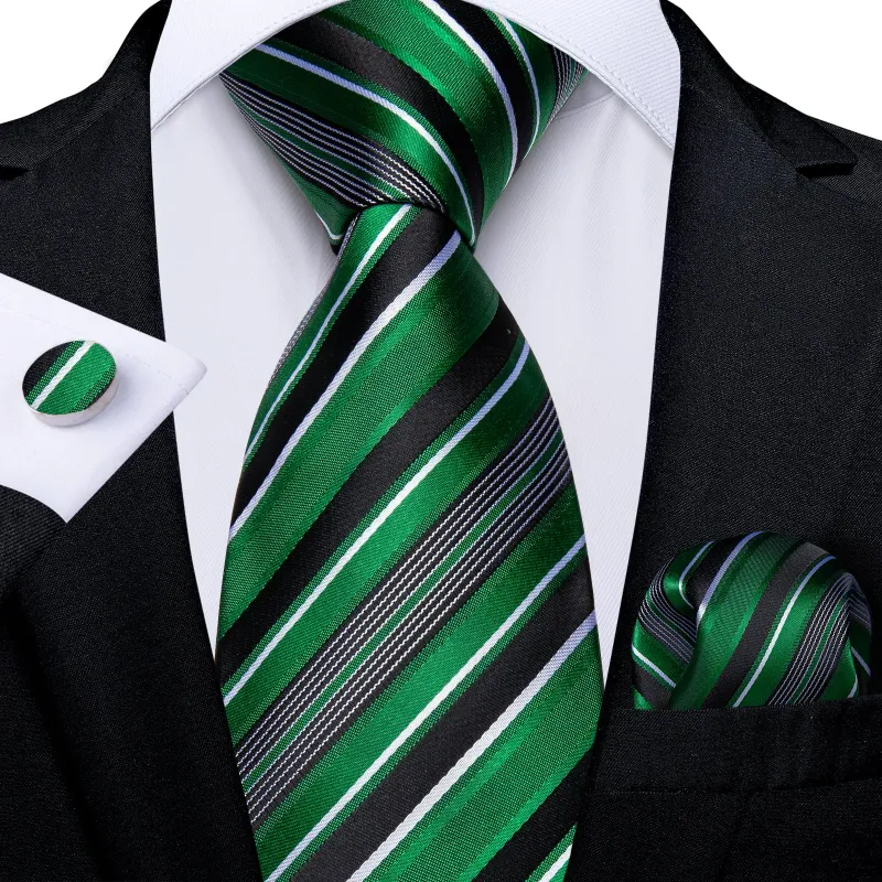 Green Black Striped Silk Fabric Tie Hanky Cufflinks Set sold by Ties2You