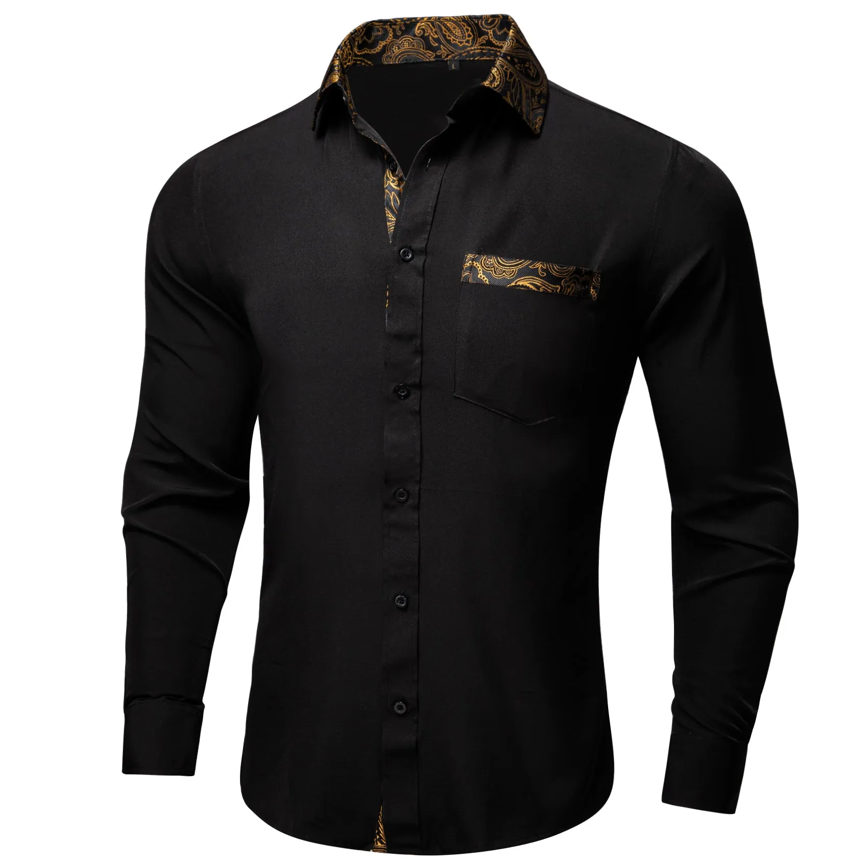 Splicing Style Black with Golden Paisley Edge Men's Solid Long Sleeve Shirt sold by Ties2You product image thumbnail 4