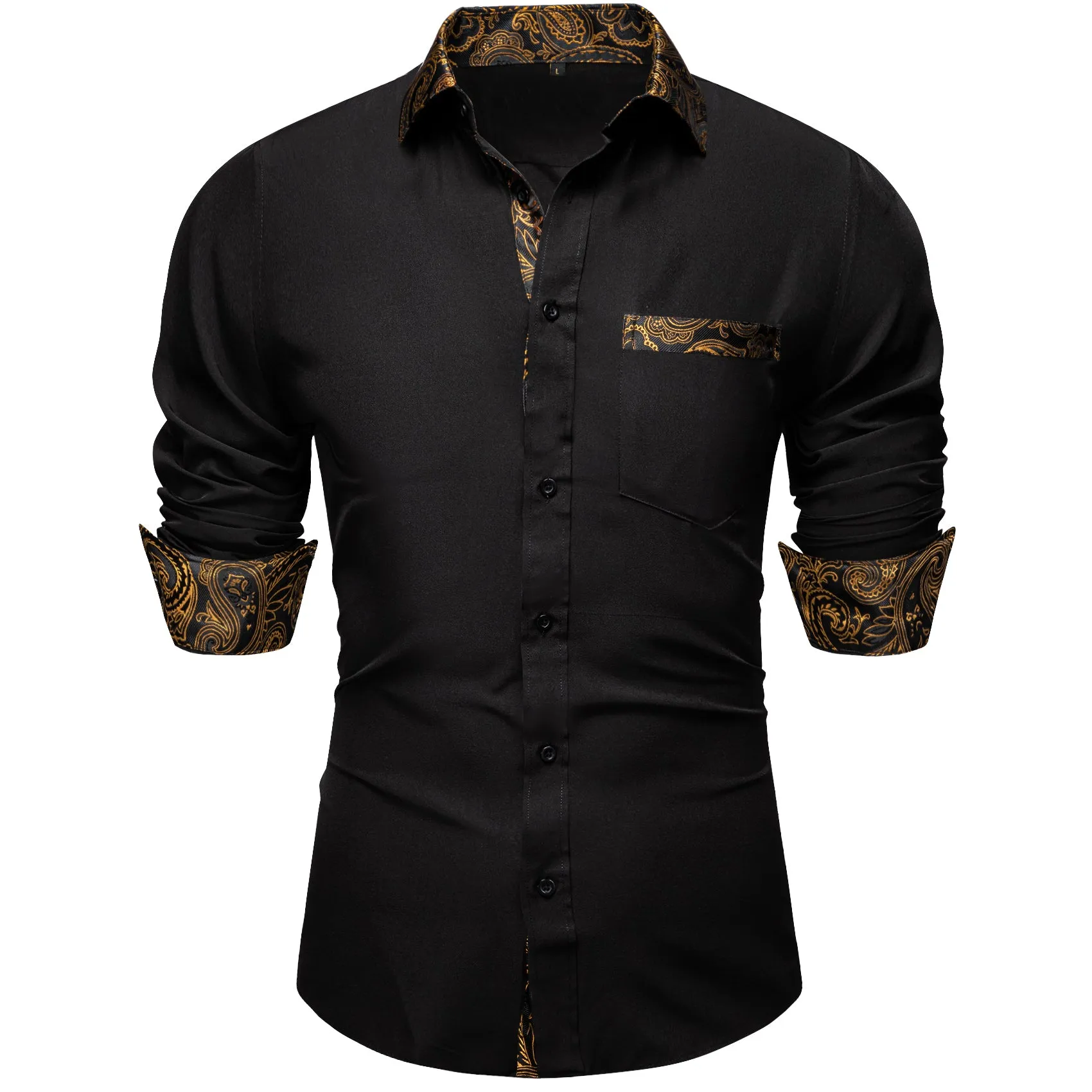 Splicing Style Black with Golden Paisley Edge Men's Solid Long Sleeve Shirt sold by Ties2You product image thumbnail 2