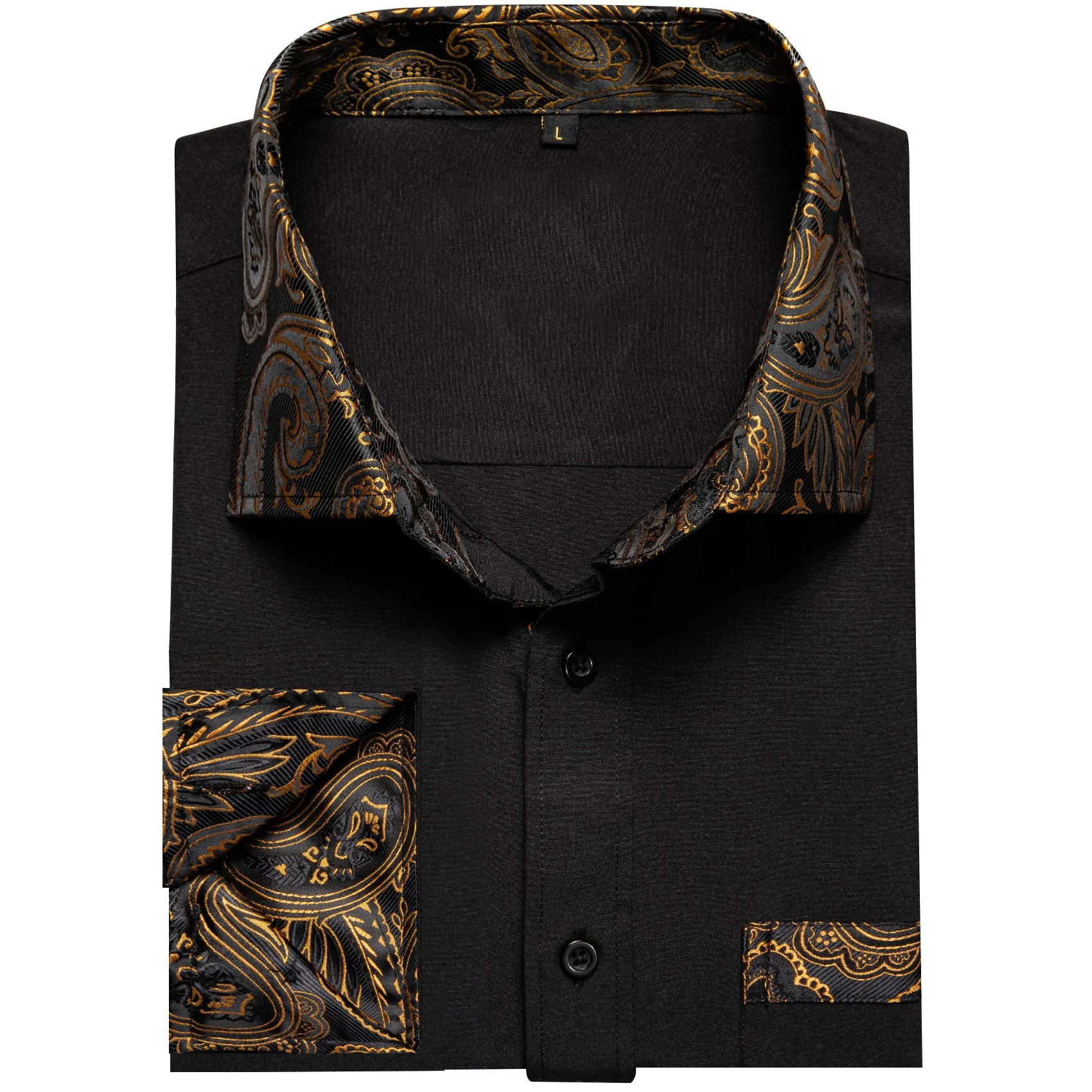 Splicing Style Black with Golden Paisley Edge Men's Solid Long Sleeve Shirt sold by Ties2You product image thumbnail 3