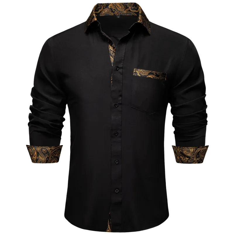 Splicing Style Black with Golden Paisley Edge Men's Solid Long Sleeve Shirt sold by Ties2You