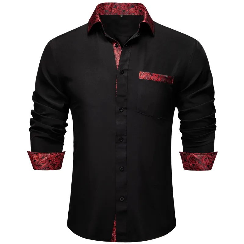 Splicing Style Black with Red Paisley Edge Men's Solid Long Sleeve Shirt sold by Ties2You