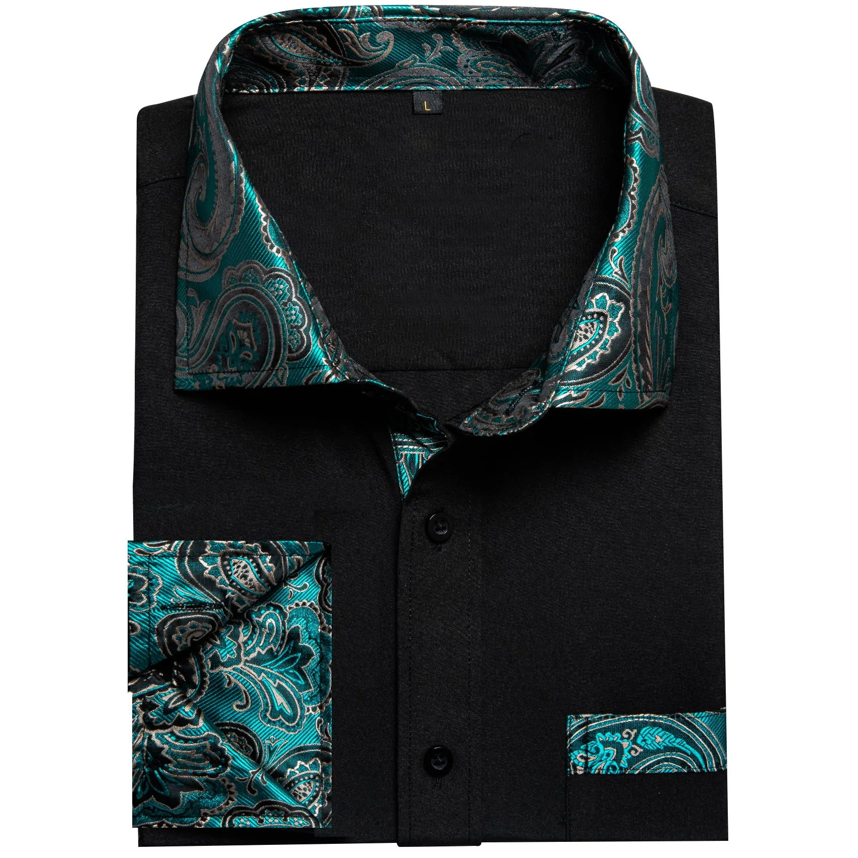 Splicing Style Black with Lake Blue Paisley Edge Men's Solid Long Sleeve Shirt sold by Ties2You product image thumbnail 4