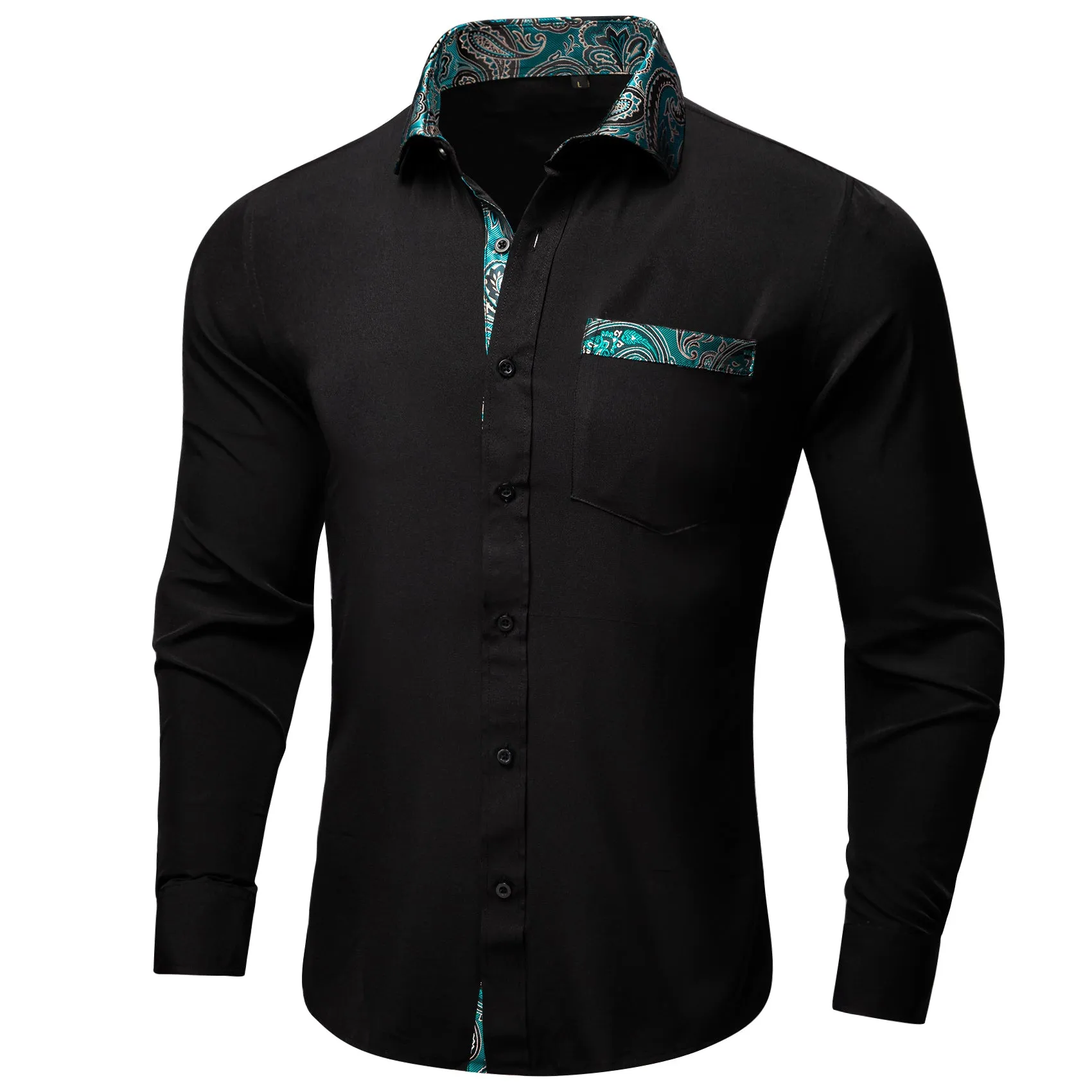 Splicing Style Black with Lake Blue Paisley Edge Men's Solid Long Sleeve Shirt sold by Ties2You product image thumbnail 5