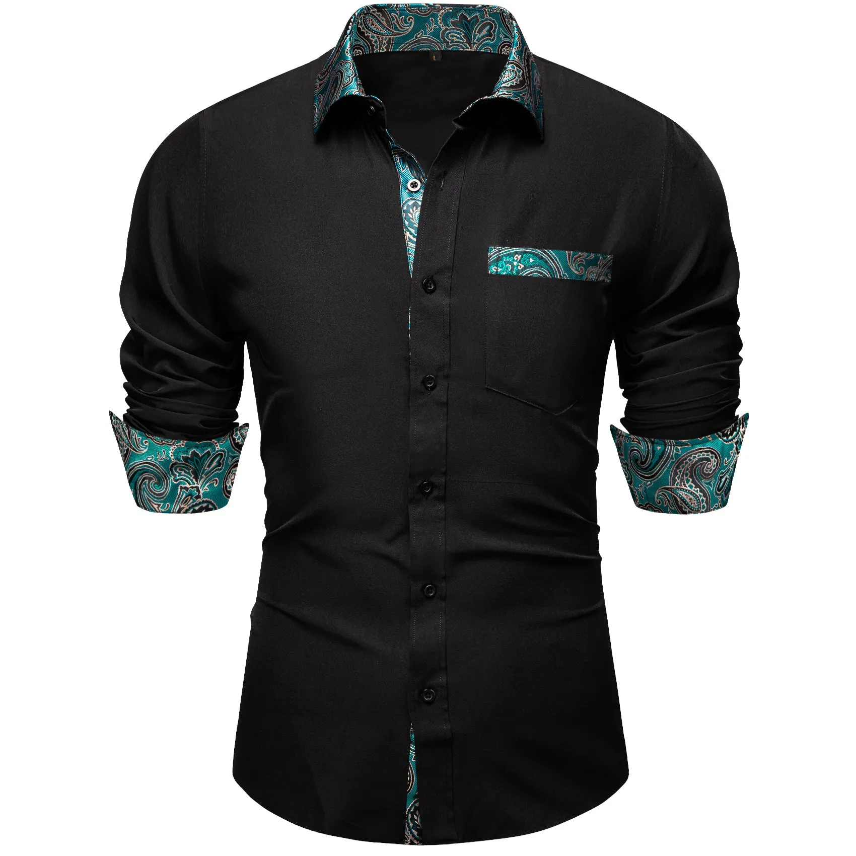 Splicing Style Black with Lake Blue Paisley Edge Men's Solid Long Sleeve Shirt sold by Ties2You product image thumbnail 3