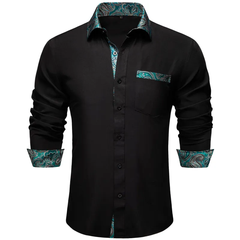 Splicing Style Black with Lake Blue Paisley Edge Men's Solid Long Sleeve Shirt sold by Ties2You