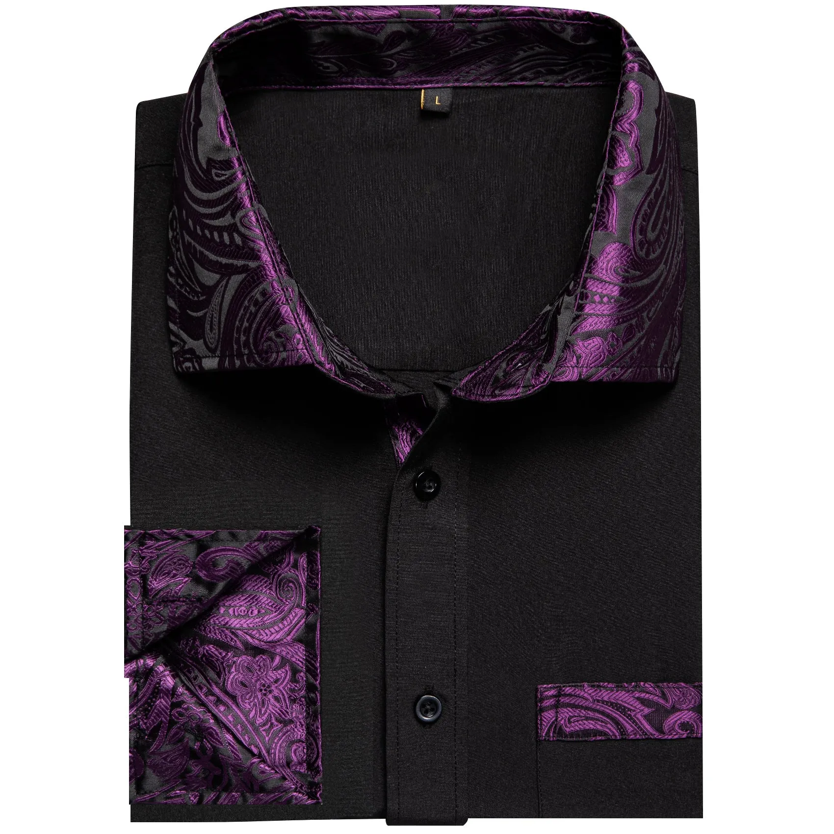 Splicing Style Black with Purple Paisley Edge Men's Solid Long Sleeve Shirt sold by Ties2You product image thumbnail 3