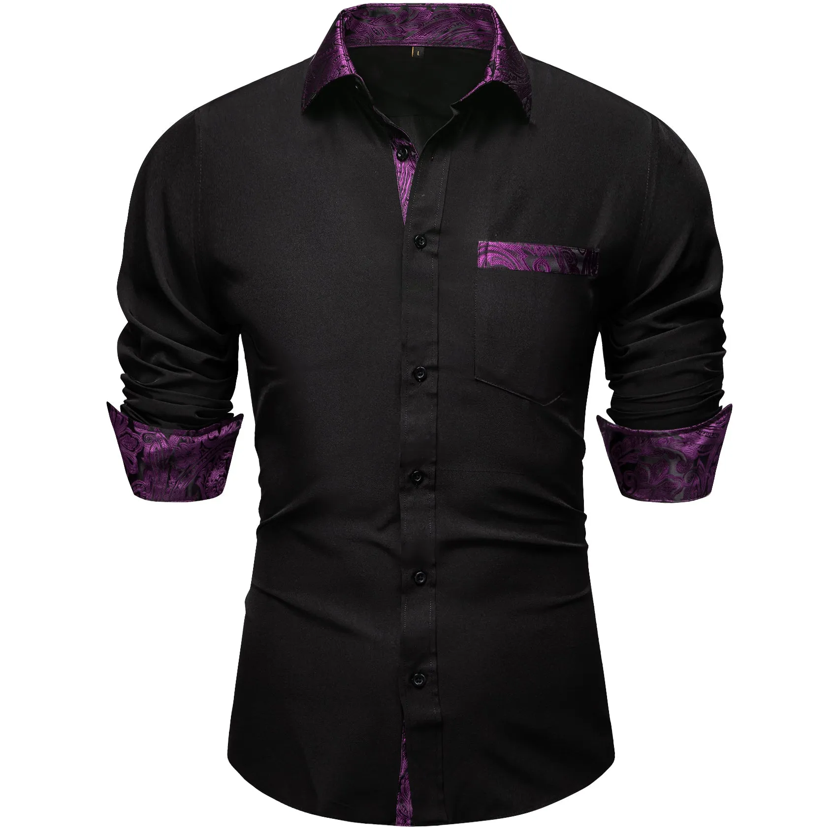 Splicing Style Black with Purple Paisley Edge Men's Solid Long Sleeve Shirt sold by Ties2You product image thumbnail 2