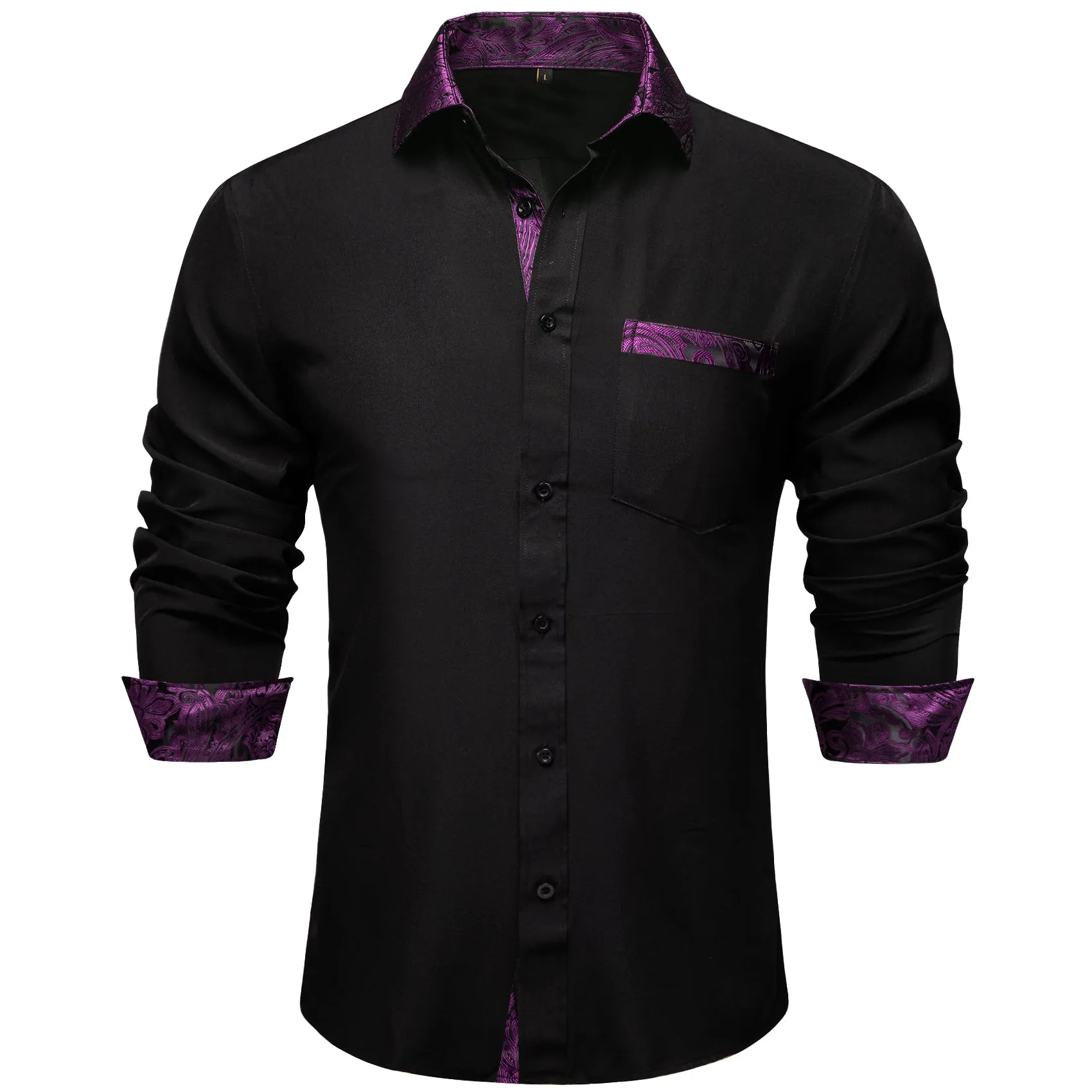 Splicing Style Black with Purple Paisley Edge Men's Solid Long Sleeve Shirt sold by Ties2You