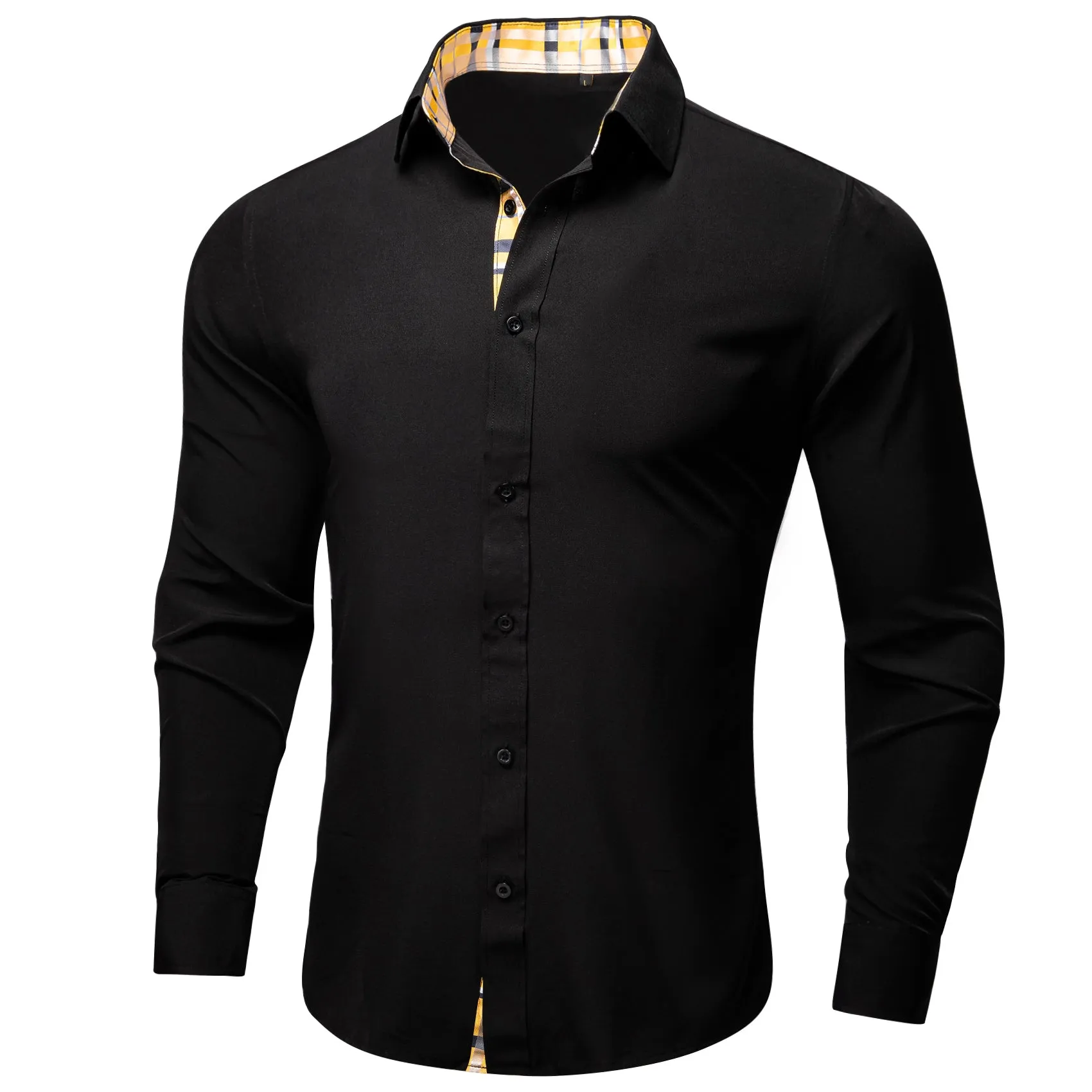 Splicing Style Black with Yellow Plaid Edge Men's Solid Long Sleeve Shirt sold by Ties2You product image thumbnail 5