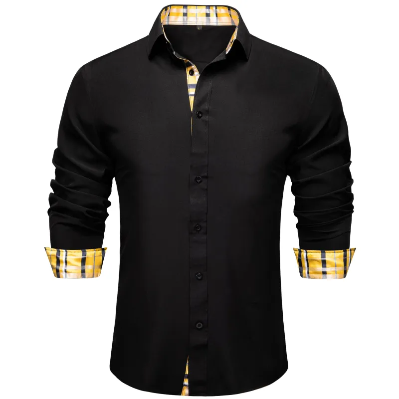 Splicing Style Black with Yellow Plaid Edge Men's Solid Long Sleeve Shirt sold by Ties2You