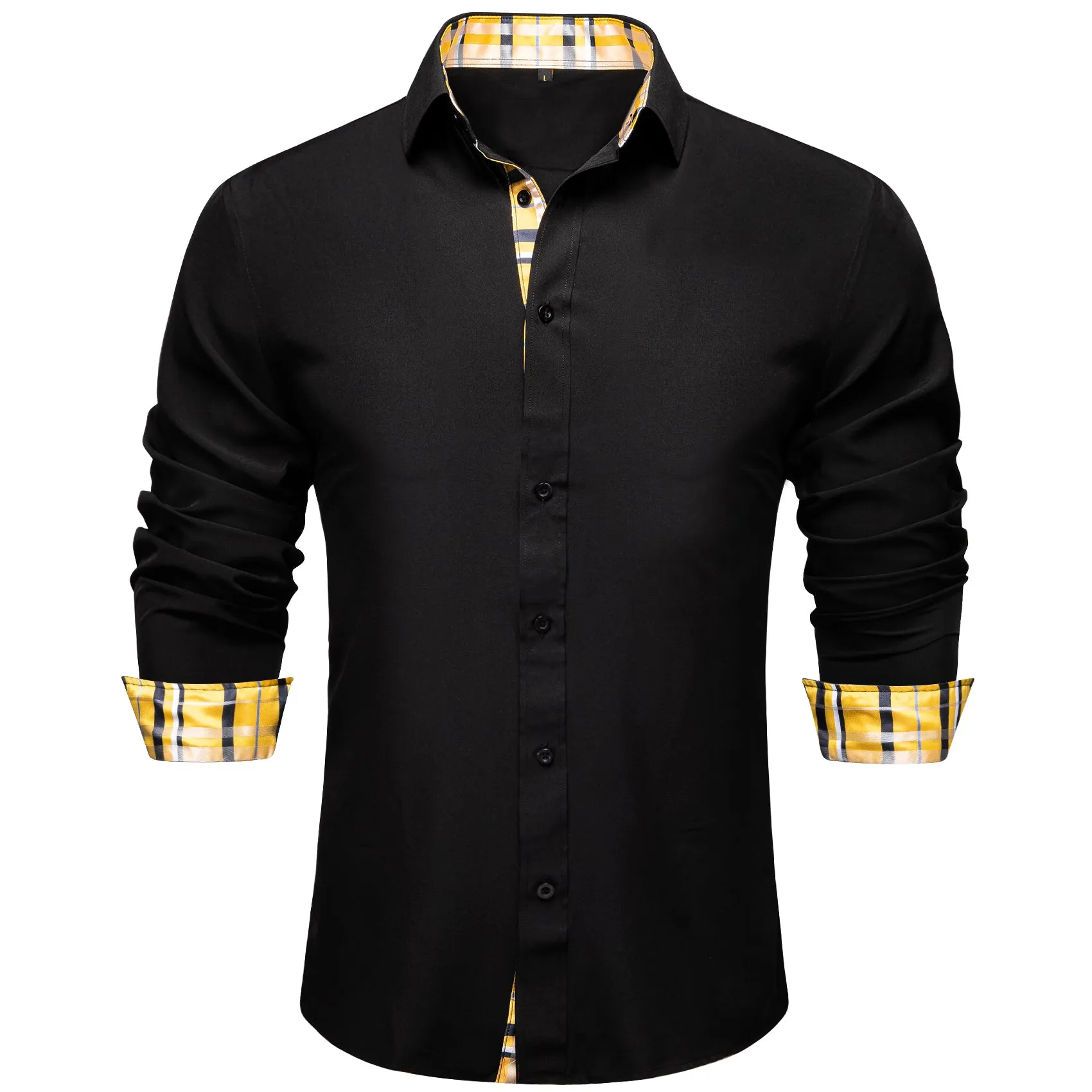 Splicing Style Black with Yellow Plaid Edge Men's Solid Long Sleeve Shirt sold by Ties2You