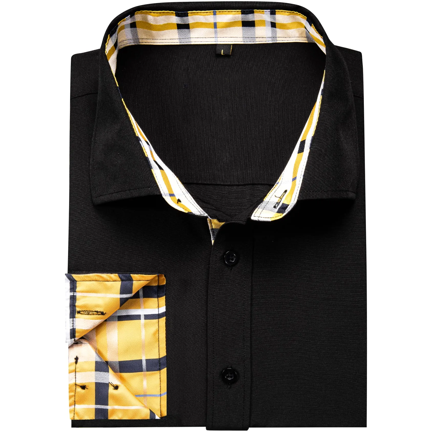 Splicing Style Black with Yellow Plaid Edge Men's Solid Long Sleeve Shirt sold by Ties2You product image thumbnail 4