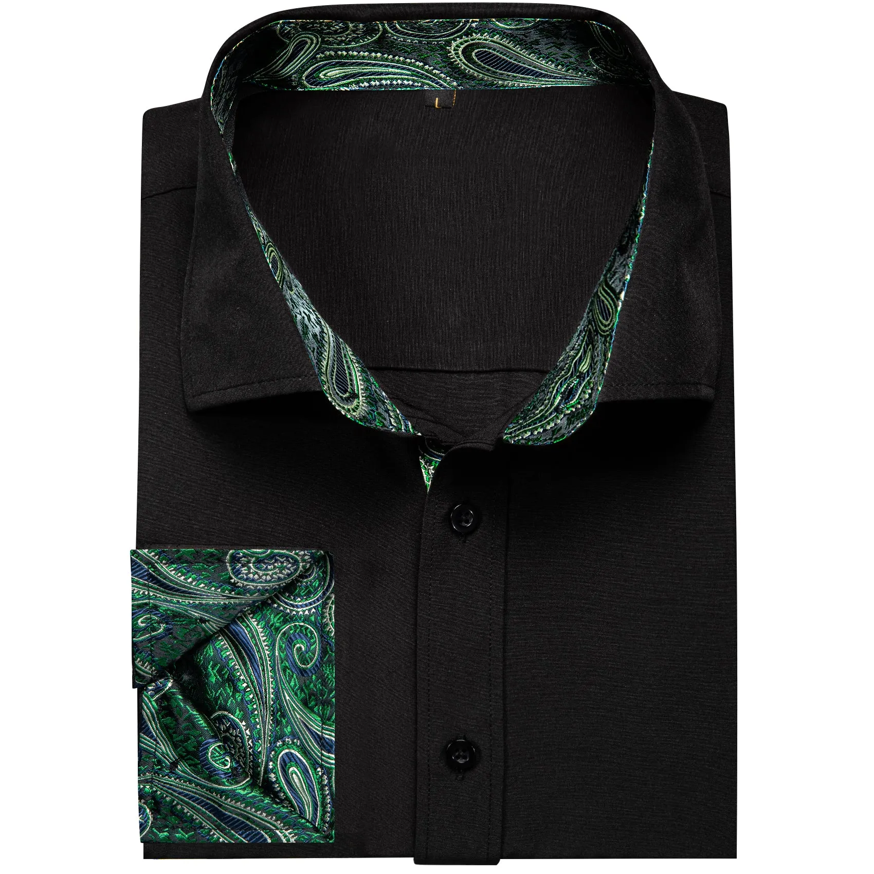 Splicing Style Black with Green Paisley Edge Men's Solid Long Sleeve Shirt sold by Ties2You product image thumbnail 2